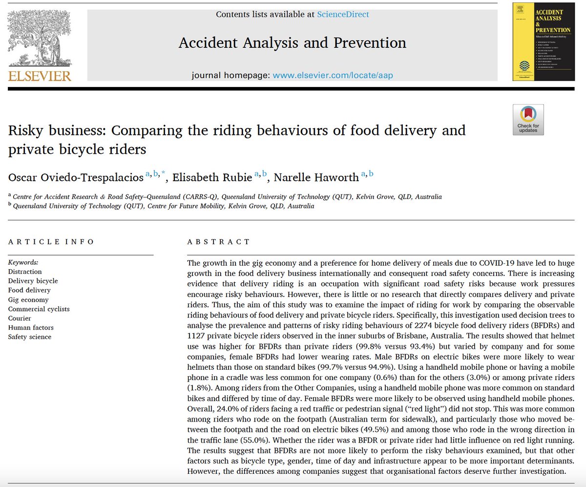 Do you think that bicycle food delivery riders (BFDRs) are riskier than private riders? Find out the answer in my new favourite paper doi.org/10.1016/j.aap.… (free access at the end of this thread) Please retweet and share this paper widely! <a href="/Transport_ELS/">Elsevier Transport</a> #RoadSafety
