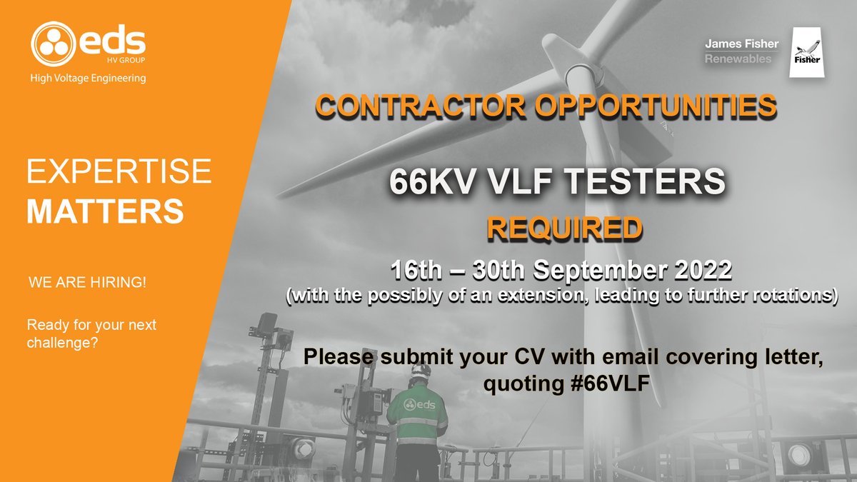 CONTRACTOR OPPORTUNITIES

66KV VLF testers required, to work on projects from 16th-30th September (with the possibility of an extension).

Send your CV and email covering letter (quoting #66VLF) - bit.ly/3BkSfxX

#jobsearch #testers #contractors #jobs