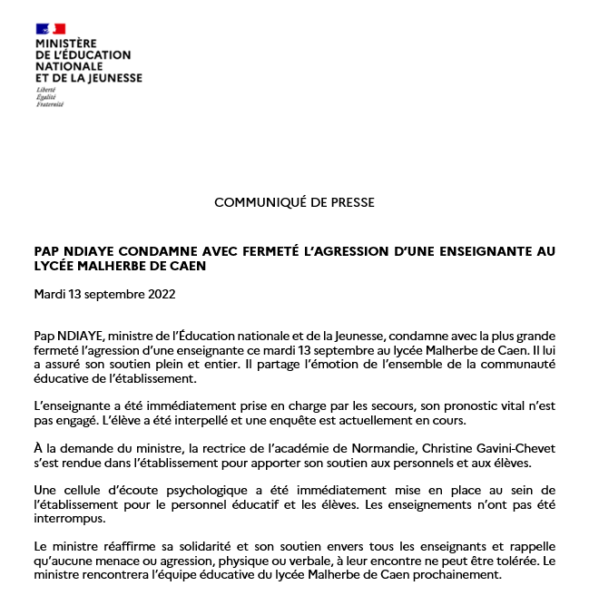 PapNdiaye's tweet photo. J’ai appris avec beaucoup d’émotion l’agression d'une enseignante au lycée Malherbe de Caen aujourd’hui. Je condamne avec fermeté cet acte et assure mon soutien à l’enseignante ainsi qu’à l’ensemble de la communauté éducative. Je me rendrai sur place dans les prochains jours. https://t.co/XRQN38rXYu