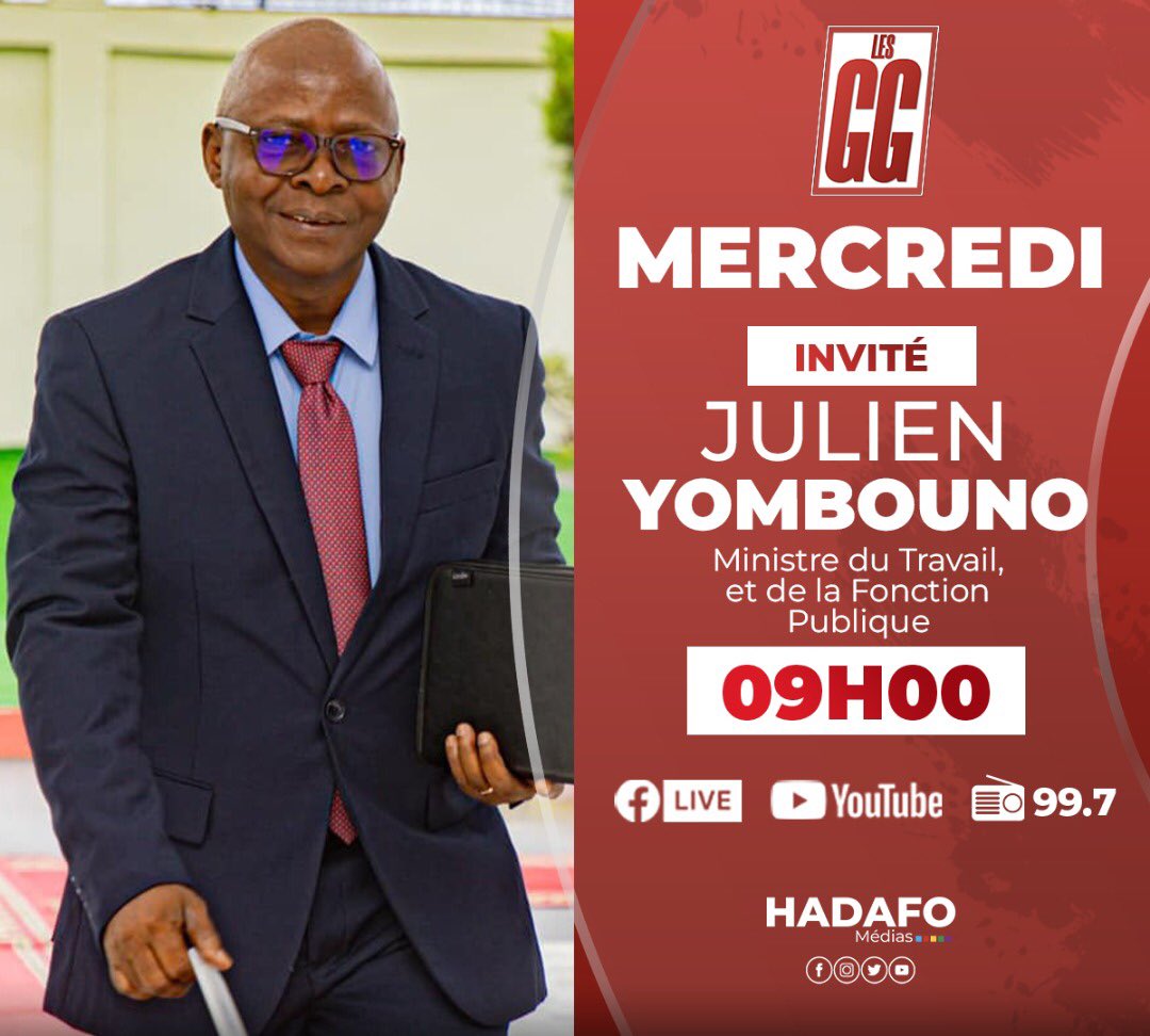 Le Ministre du Travail et de la Fonction publique, Mr Julien Yonbouno est notre invité demain dans les #GG 

Réagissez en Live 🔴 sur Twitter 📶 #EspaceGG ou en nous envoyant vos réactions par SMS au 00224 657 39 13 13.
<a href="/LamineGuirassy/">LAMINE GUIRASSY</a>