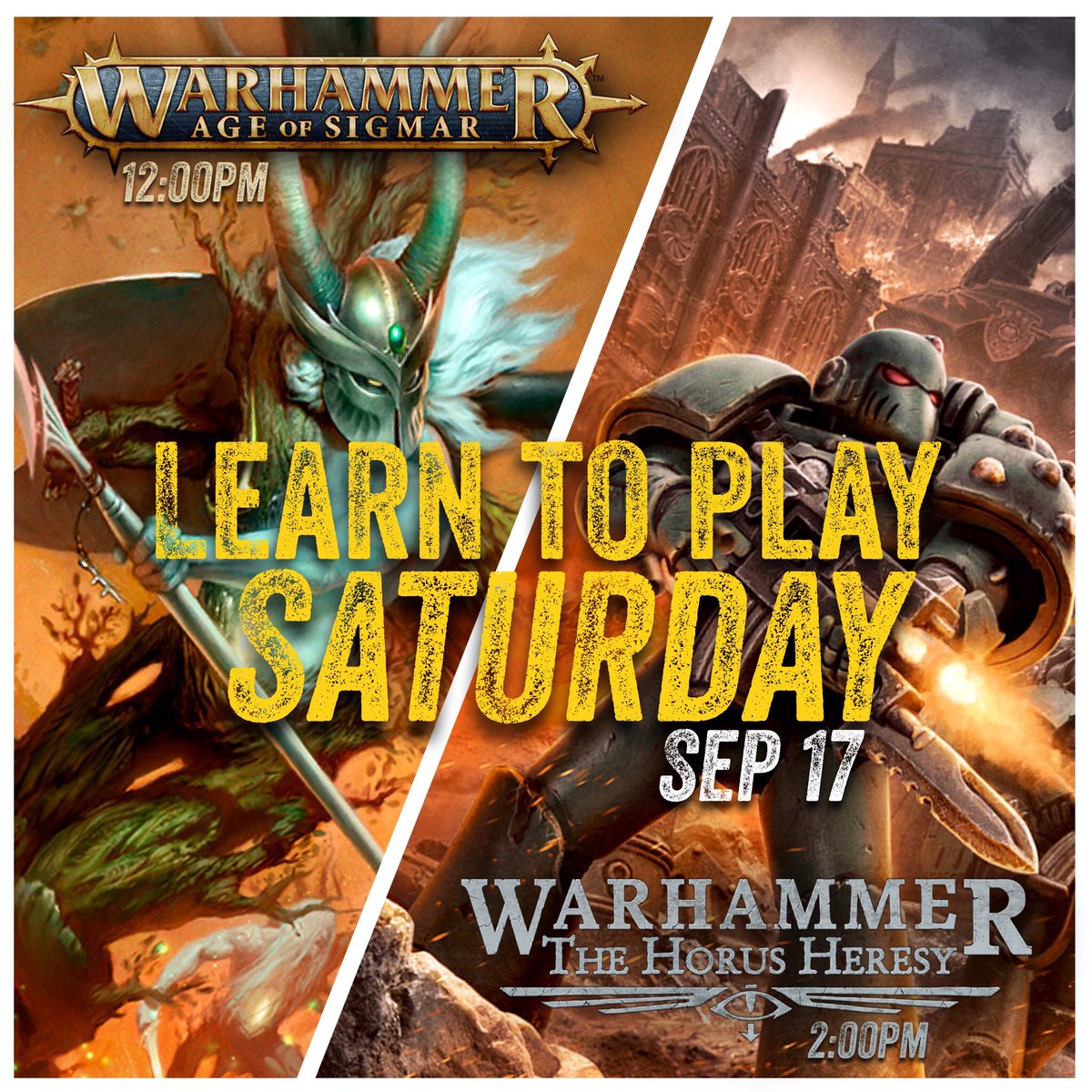 EvGamingGuild's tweet photo. This Saturday, September 17th we will be hosting two learn to play events! These will be free to play and everything will be provided, so no need to bring anything other than yourself!

Age of Sigmar starts at 12:00pm

The Horus Heresy starts at 2:00pm

Hope to see you there! https://t.co/8uTh6Ovvyc