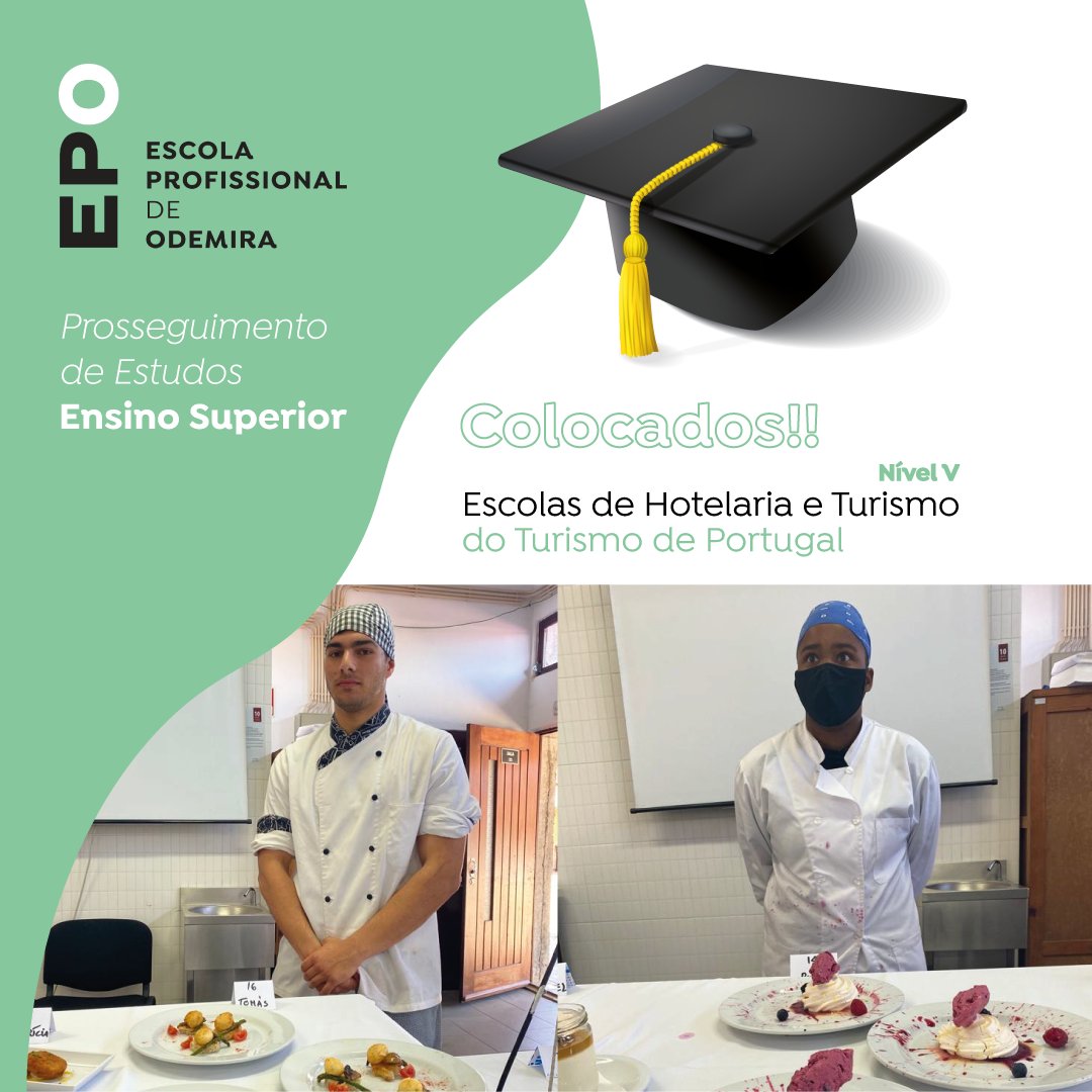 Muitos Parabéns! 🎉👏A Patrícia e o Tomás do curso técnico de cozinha e pastelaria, vão iniciar um novo ciclo no ensino superior. 

✅Foram colocados nas Escolas do Turismo de Portugal num curso de especialização tecnológica nível V.

A EPO deseja-vos muita sorte e sucesso 🥳✨