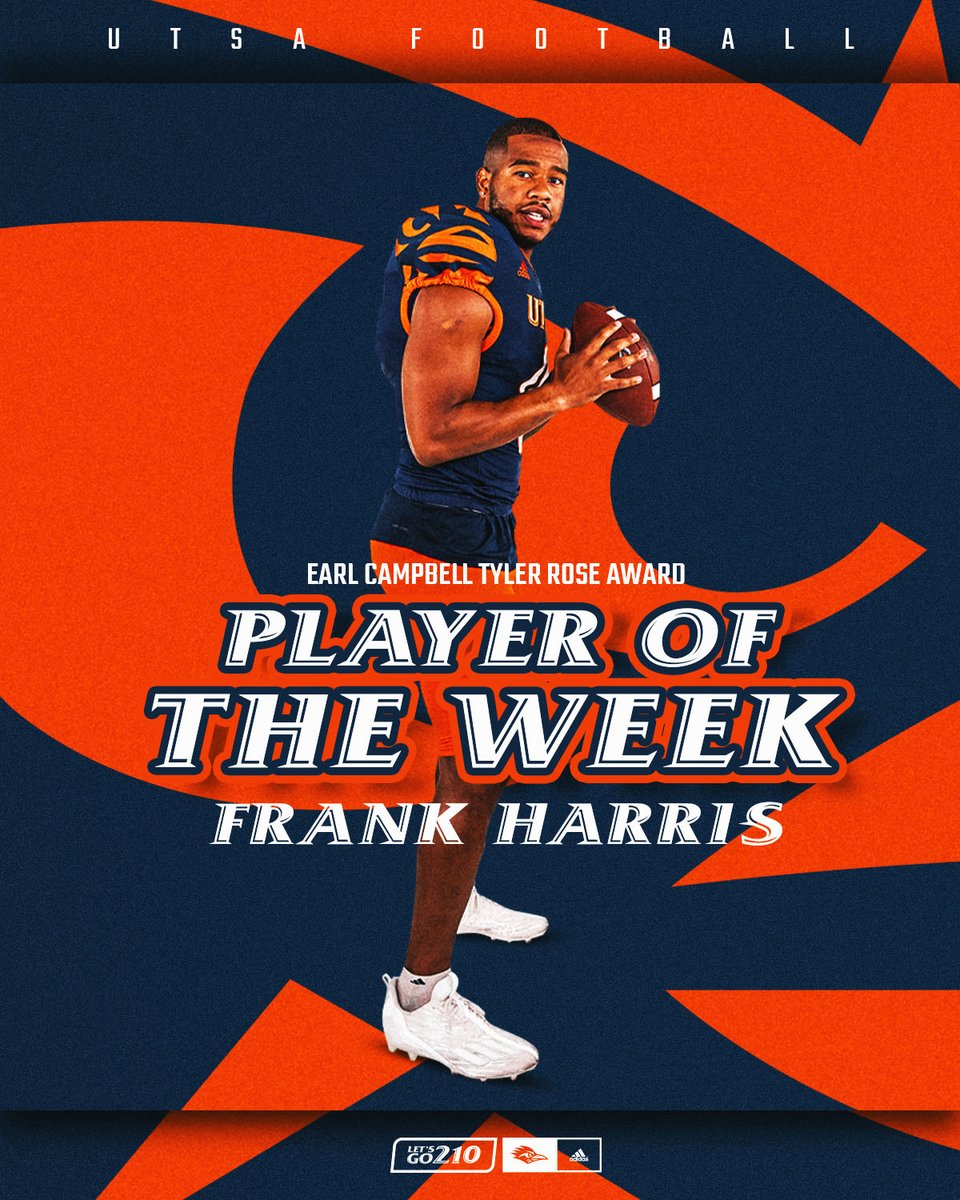 𝙉𝘼𝙏𝙄𝙊𝙉𝘼𝙇 𝙋𝙇𝘼𝙔𝙀𝙍 𝙊𝙁 𝙏𝙃𝙀 𝙒𝙀𝙀𝙆

UTSA QB <a href="/thefrankharris/">Frank Harris</a> has been honored by the Earl Campbell Tyler Rose Award (<a href="/CampbellAward/">Earl Campbell Award</a>) for his performance in the win over Army.

🔗 bit.ly/3qy3yfC

#210TriangleOfToughness 
#LetsGo210 | #BirdsUp 🤙