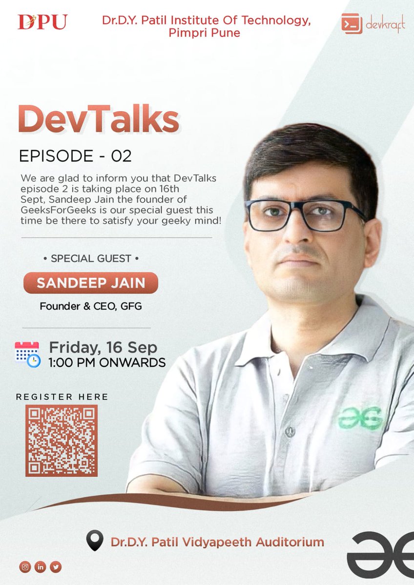 devkraftdpu's tweet photo. Geeks! We are back!

Team DevKraft presents DevTalks Episode 2.

We are inviting the luminary @sandeep_jain , Founder and CEO at @geeksforgeeks  to discuss various topics like stepping up your programming game, market expectations for freshies etc. https://t.co/lTDMR6XpCh