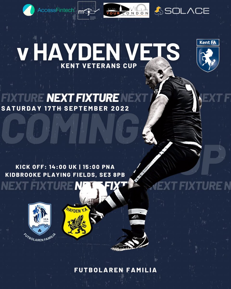 Both Vets sides are on familiar ground this Saturday.

Vets I vs <a href="/FcAztech/">AZTECH VETS FC</a> 
🏆 <a href="/SouthernVets/">SVFL</a> Div. 4

Vets II vs <a href="/VetsHayden/">Hayden_youth_assiocation_vets</a> 
🏆 <a href="/KentFA/">Kent FA ⚽</a> Veterans Cup

📍 Kidbrooke Playing Fields, SE3 8PB
🗓 17th September 2022
⚔️ 2:00 U.K. | 3:00 PAMPLONA

#FutbolarenFamilia #COYSEA #GoraSEA