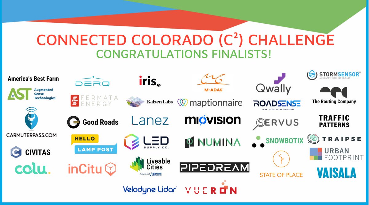 Congratulations to the 33 finalists in the Colorado Smart Cities Alliance's C^2 Challenge! During the next few weeks, these solution providers will meet with participating governments to advocate for their solution in hopes of scoping and deploying their project.