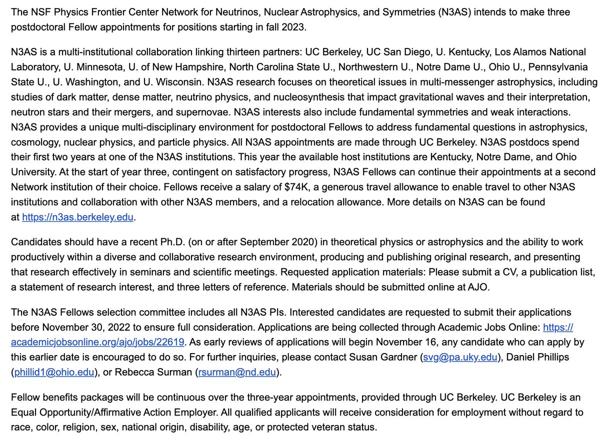 FlipTanedo's tweet photo. The Network for Neutrinos, Nuclear Astrophysics, and Symmetries (#N3AS), an @NSF Physics Frontier Center, has 3 postdoctoral fellowships open. An excellent opportunity to work fantastic fellows like @AniaFasolka! Applications due Nov 30.
https://t.co/1jHw2hJVQZ https://t.co/FF4cqZGV3m