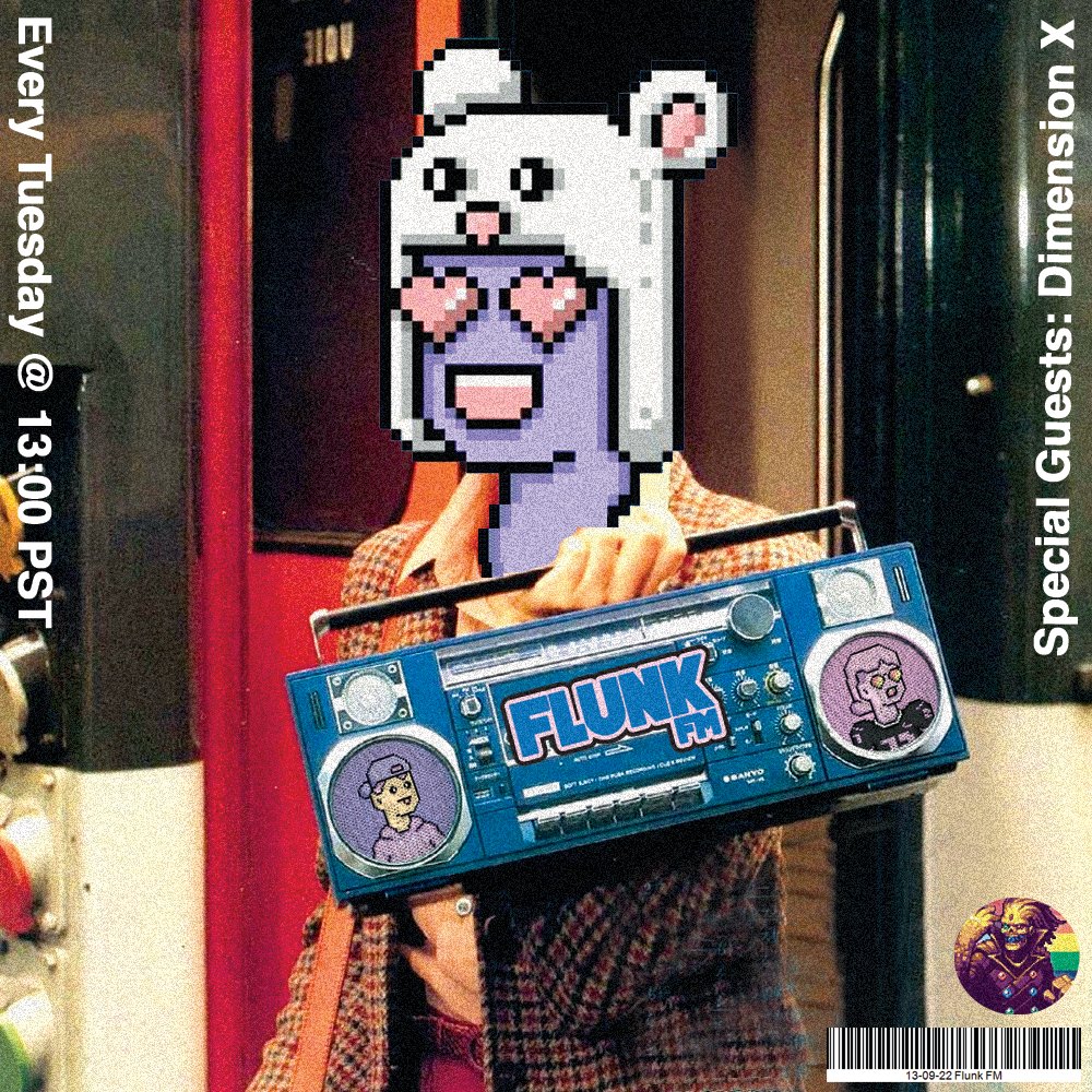 flunks_nft's tweet image. 📻 Join us TODAY on Flunk FM with our special guests @DimensionX_NFT after their successful launch on the @flow_blockchain last week! 

📅 Set a reminder 1:00pm PDT
#FlunkFam #FlunksonFlow #Dimesionx