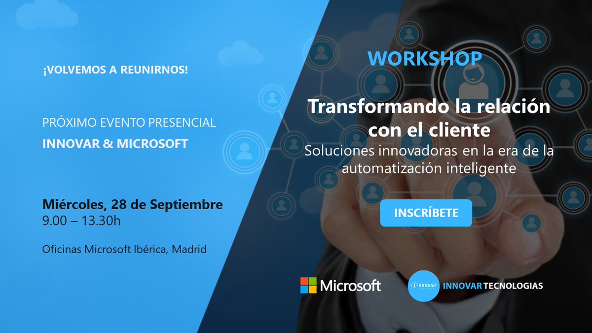 InnovarTecno's tweet photo. 🔴 SAVE THE DATE 🔴- ¡Nuevo evento PRESENCIAL! El 28 de Septiembre, os esperamos en las oficinas de @MicrosoftES para hablar sobre #ommnicanalidad, #ContactCenter, #IA, #automatización y la tecnología de voz de Nuance https://t.co/a14aW6vigp https://t.co/I106OV3hoP