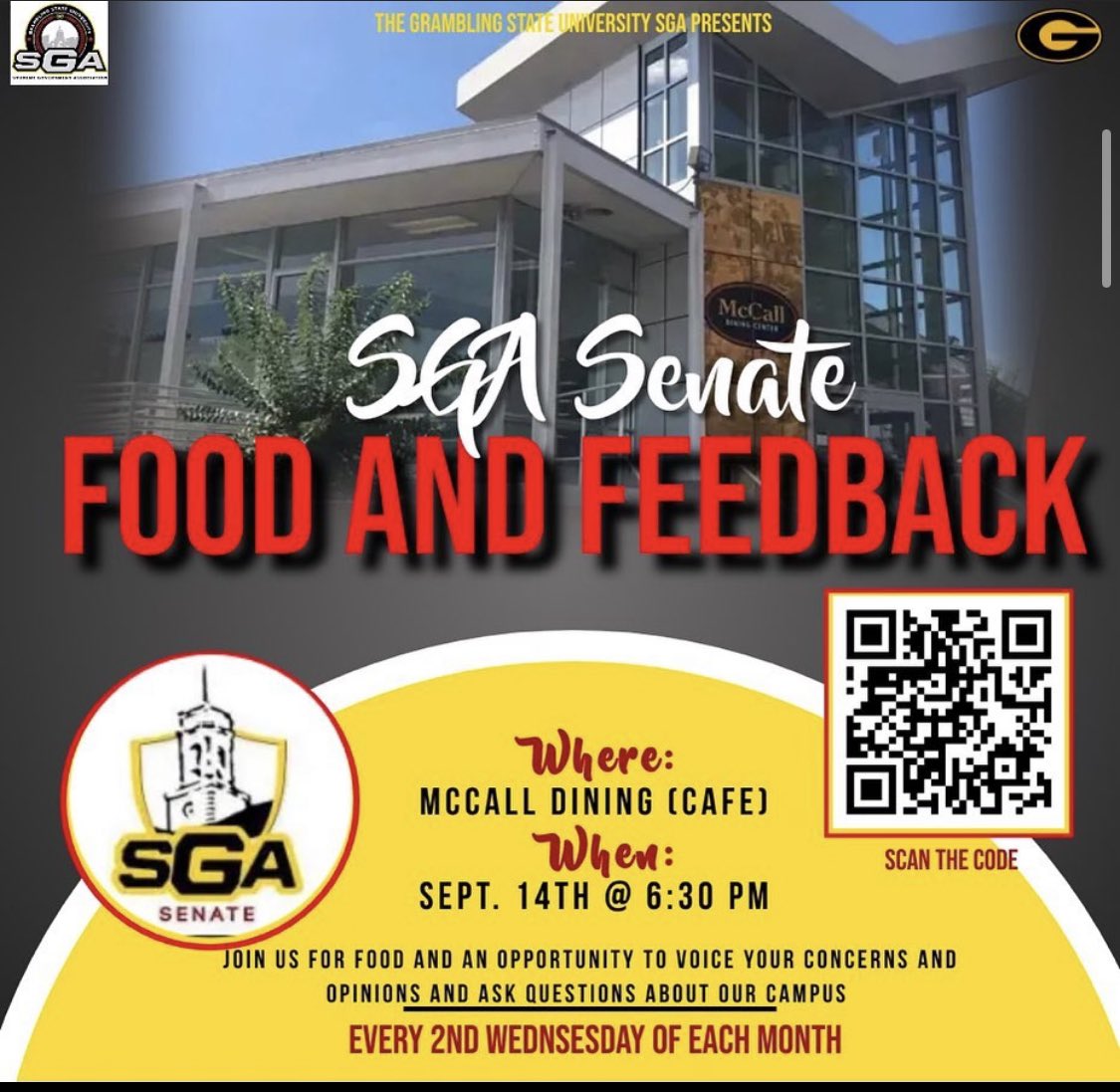 Grambling_SGA's tweet photo. #gramfam We are so excited to announce that our FIRST FOOD AND FEEDBACK of the year will be Wednesday at 6:30PM in the cafe! Join us to talk about our campus and be the change you want to see!! #AlwaysListeningSoYoureAlwaysHeard https://t.co/7GZ4XVPwjZ