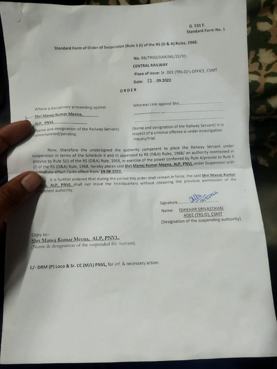 Rameshkr1996's tweet photo. @GM_CRly @RailMinIndia
Sir in pnvl lobby various problem related duty hrs of Alp and Lpg yesterday again one of alp was booked on dt 13/9/22 but after working as per JPO why suspension of Alp brother Manoj meena alp pnvl 
Request you pls se further and revoke suspension of Alp https://t.co/n57LVnSg9F