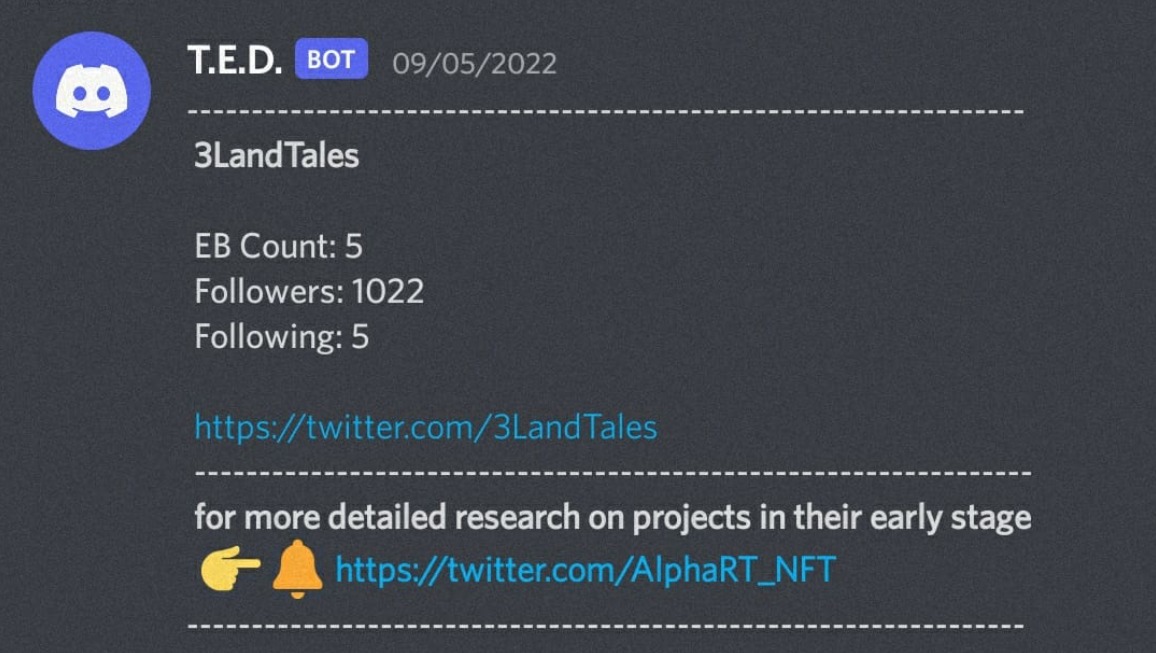 🌟⬇️Be early⬇️🌟

<a href="/3LandTales/">3LandTales</a> project found on 5th of September with 1022 followers by <a href="/AlphaRT_NFT/">Alpha Research Tools</a> 

- 259%🚀growth for 8 days - 3669 followers
- Art by <a href="/ImaginarySina/">𝕴𝖒𝖆𝖌𝖎𝖓𝖆𝖗𝖞𝕾𝖎𝖓𝖆.eth 🔥😈😈🔥</a> with more than 13k followers
- Powered by <a href="/3landersnft/">3Landers 👀</a>

for more info👉 🔔
#DYOR #NFA #NFT #NFTCommunity #NFTs
