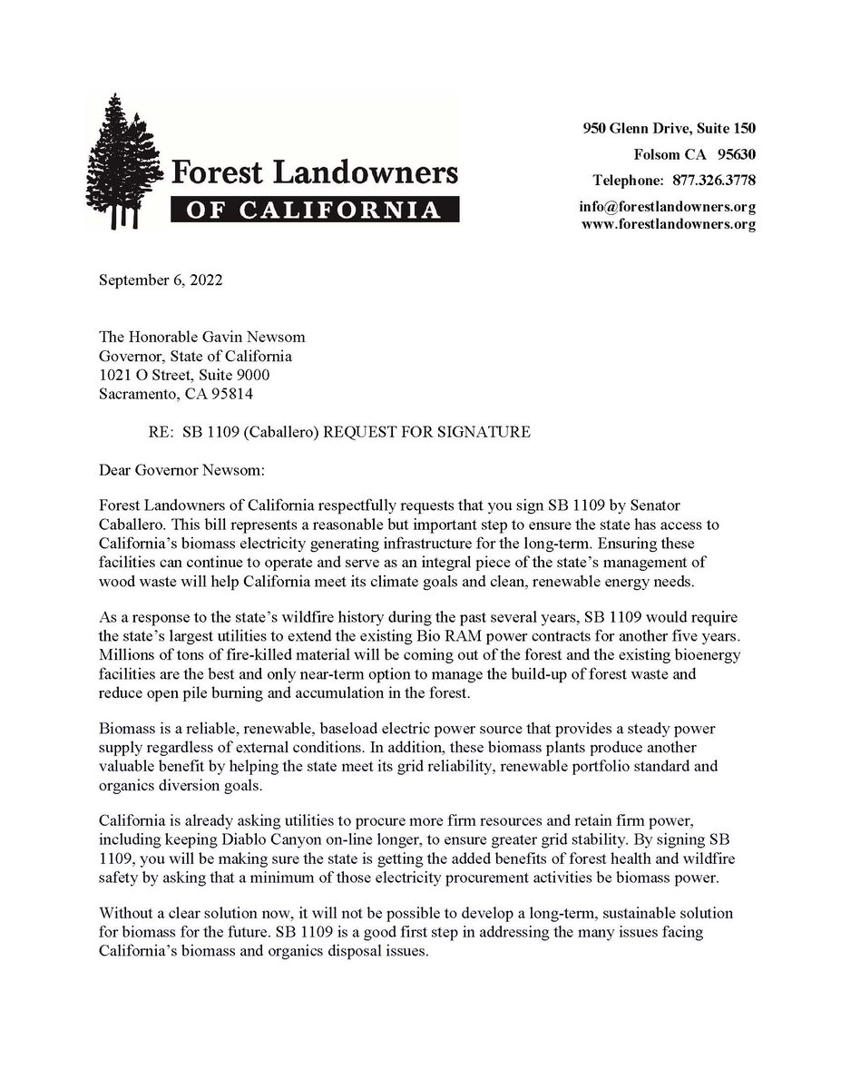 BiomassAlliance's tweet photo. “As a response to the state’s wildfire history during the past several years, SB 1109 would require the state’s largest utilities to extend the existing Bio RAM power contracts for another five years.” #ForestLandownersofCA #SB1109 https://t.co/i16bbHYAal