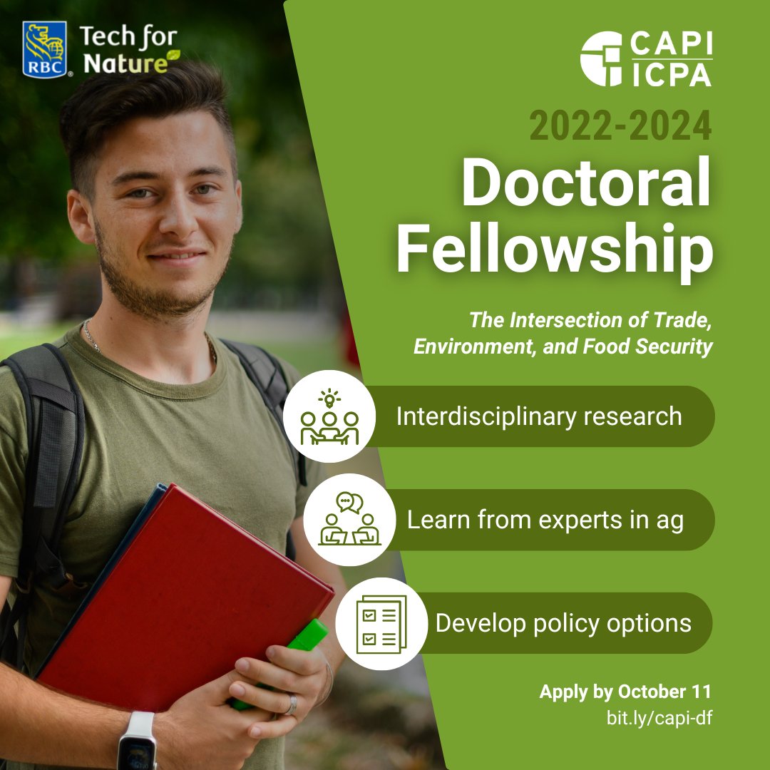 CdnAgriFood's tweet photo. CAPI is looking forward to partially funding up to 4 Ph.D. students whose research will focus on the intersection of agricultural trade, the environment &amp; food security. #DoctoralFellowship

Funded by @RBC #TechforNature through #RBCFoundation.

https://t.co/b2JjYWrPH1 https://t.co/pNODQ4DzIO