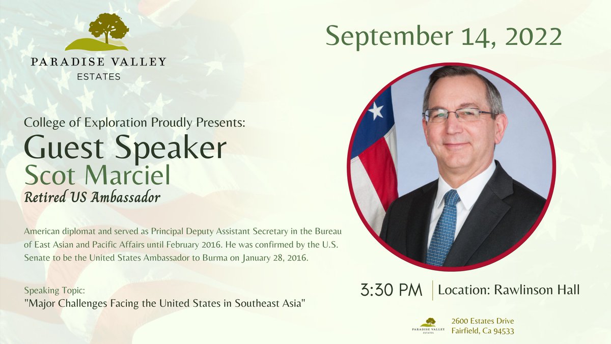 pvestatesca's tweet photo. Paradise Valley Estates will be welcoming Scot Marciel, Retired US Ambassador, on September 14 at 3:30PM. PVE is lucky enough to have residents that volunteer their time and use their connections to bring quality speakers to the campus.
https://t.co/dDnZLcs6WG https://t.co/kK5hz20hFC