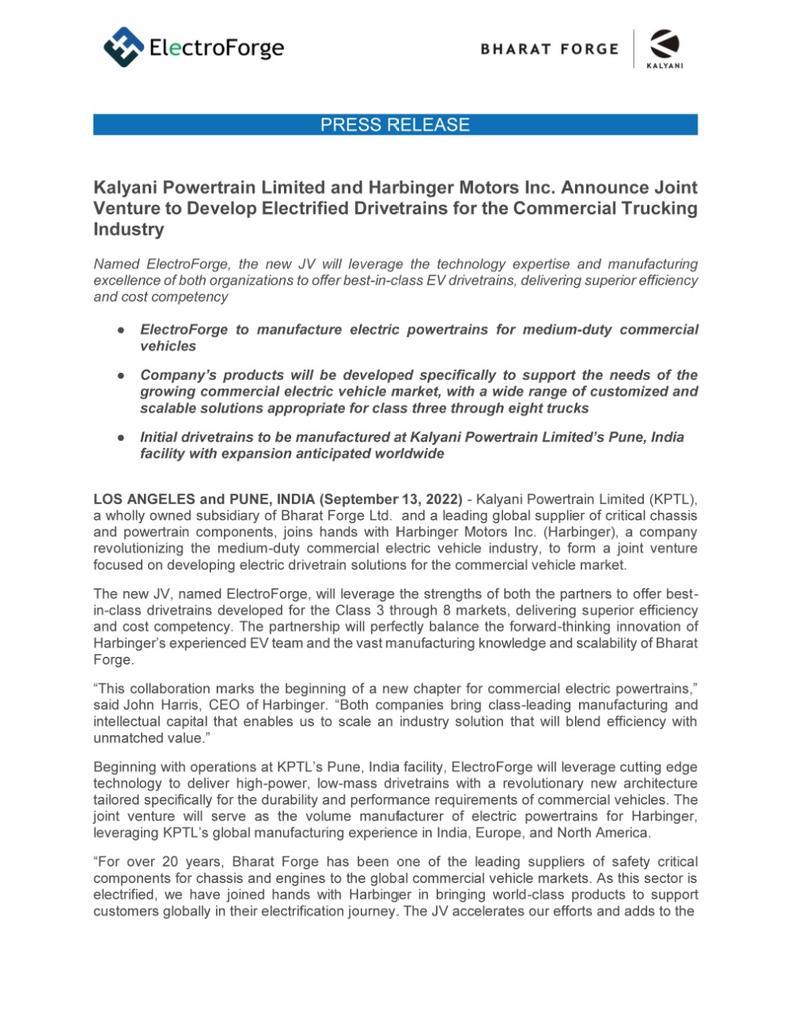 BharatForgeLtd's tweet photo. We are glad to announce the global joint venture between Kalyani Powertrain Ltd., the wholly owned subsidiary of Bharat Forge Limited and USA based Harbinger Motors Inc. named #ElectroForge. 1/2 https://t.co/WeNR7QK7NH