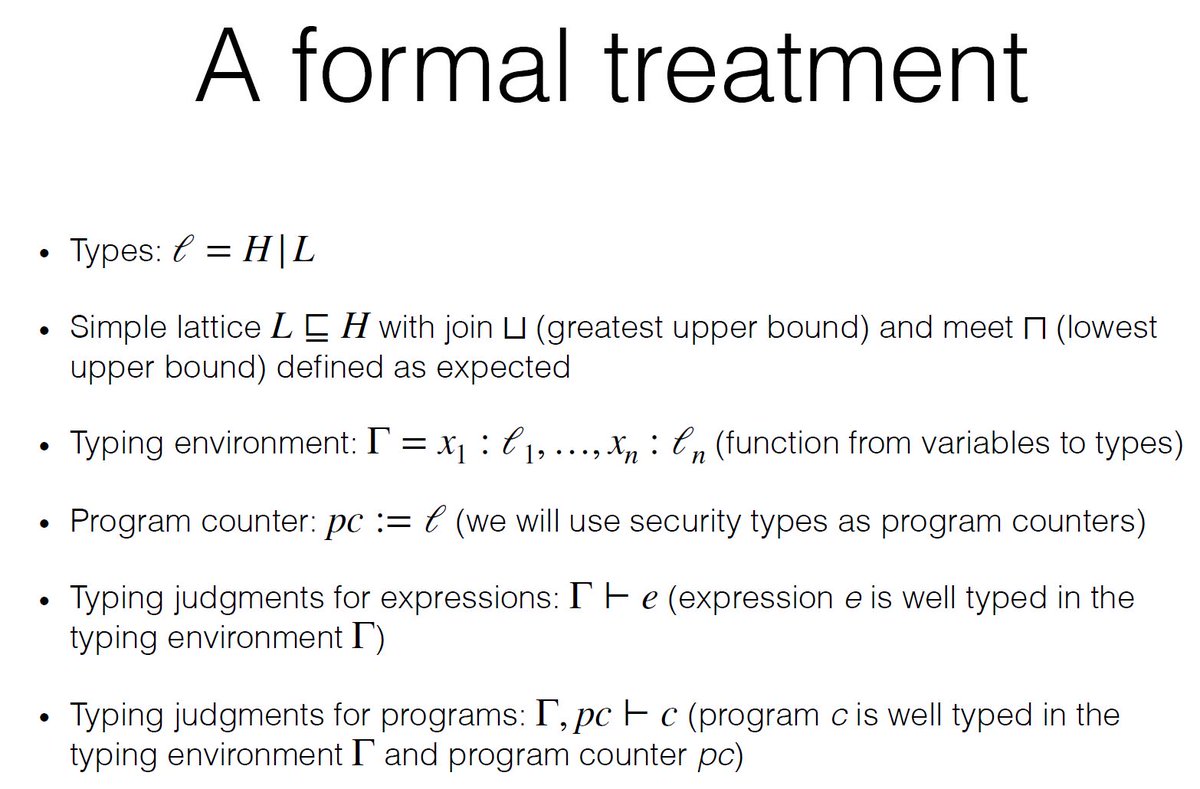 Meisendoc's tweet image. Does someone know his/her way around #computersecurity, especially around formal #typesystems in language based security? I have serious troubles understanding a lecture slide (attached image). Especially: What the hell is meant by the second statement (&quot;Simple lattice ...&quot;)? /1