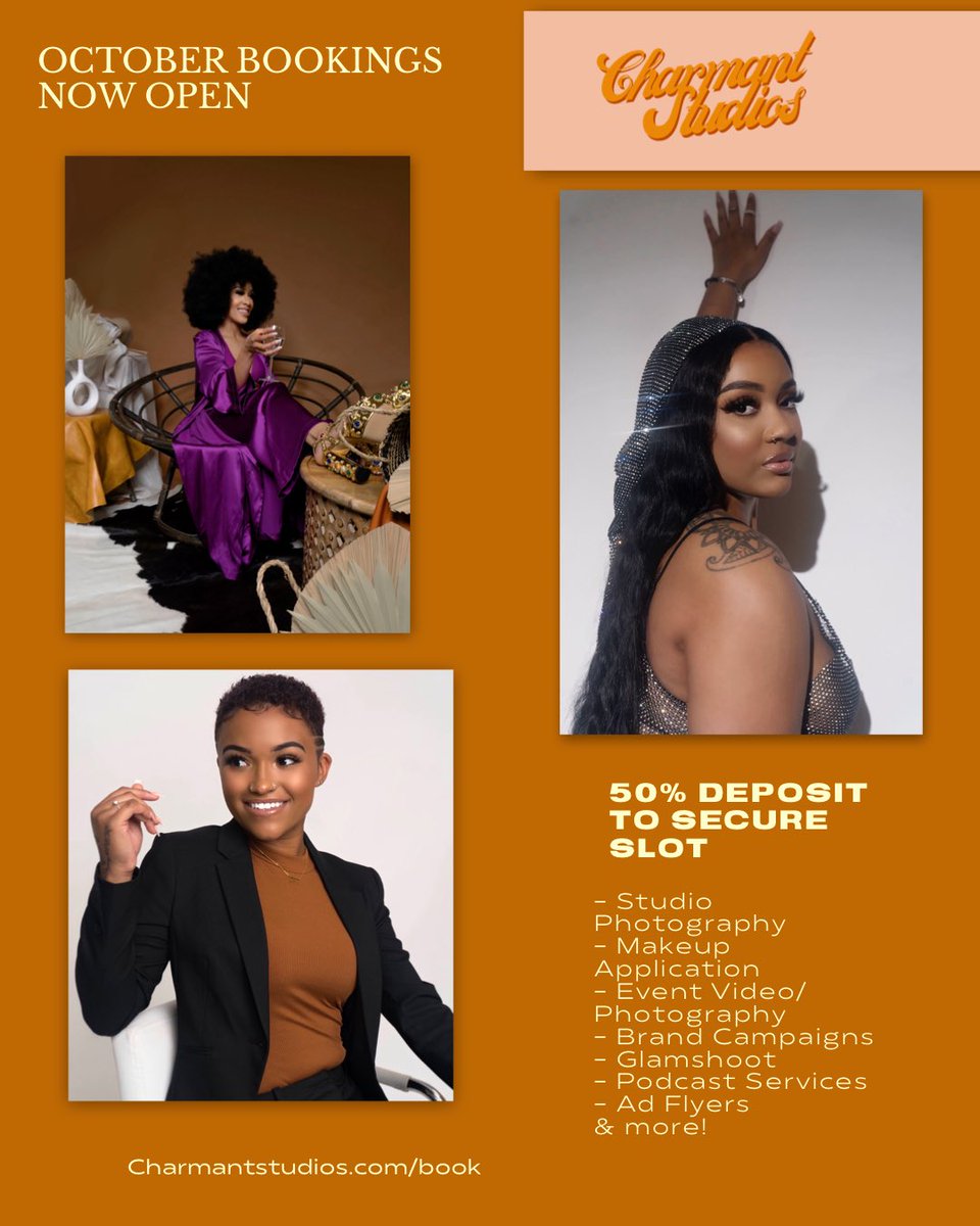 charmantstudios's tweet photo. 🧡 October bookings are now open. Come check out some of our most recent shoots. We enjoyed having y’all. 🥹 Get ready because fall is going to be busy🧡🙏🏾
.
📸/Makeup: Charmant Studios
.
Link/number to contact or book: https://t.co/61WvzES9PW https://t.co/Vl5O2Z1lva