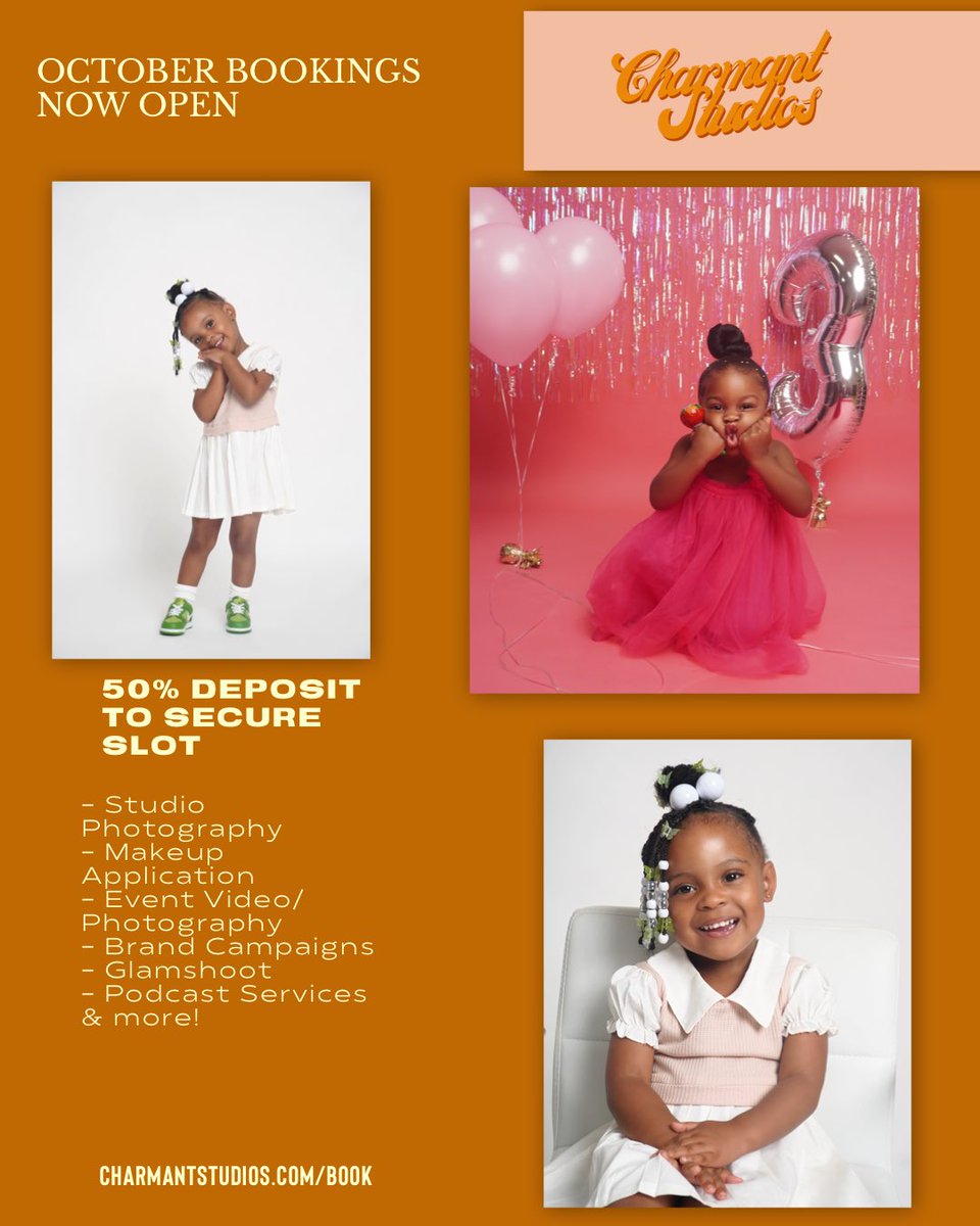 charmantstudios's tweet photo. 🧡 October bookings are now open. Come check out some of our most recent shoots. We enjoyed having y’all. 🥹 Get ready because fall is going to be busy🧡🙏🏾
.
📸/Makeup: Charmant Studios
.
Link/number to contact or book: https://t.co/61WvzES9PW https://t.co/Vl5O2Z1lva