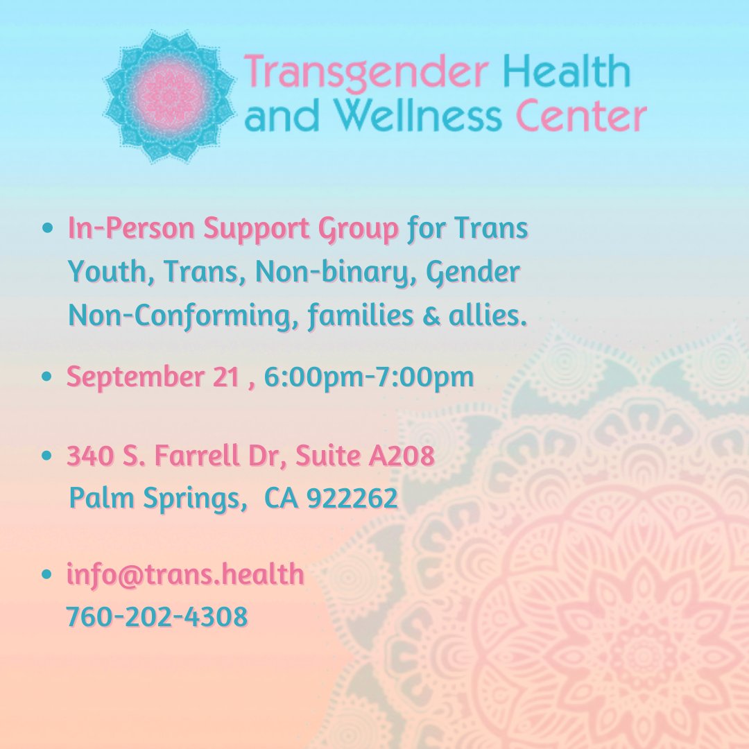 TransHAWC's tweet image. Come and join our inclusive and supportive Palm Springs community! 
For more information and to sign up, please contact:

Nell Smith (she/her)
760-202-4308 info@trans.health

#trans #transhealth #transhealthandwellness #transcalifornia #lgbtqpalmsprings #transcare #transcommunity