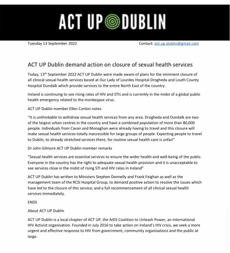 ActUpDublin's tweet photo. ACT UP Dublin have been made aware of the imminent closure of all clinical sexual health services in the North East

We DEMAND action to ensure full services delivered in North East &amp; have written to @DonnellyStephen  @FrankFeighan &amp; RCSI hospital group 

Press statement below https://t.co/QgrZiGJmHP