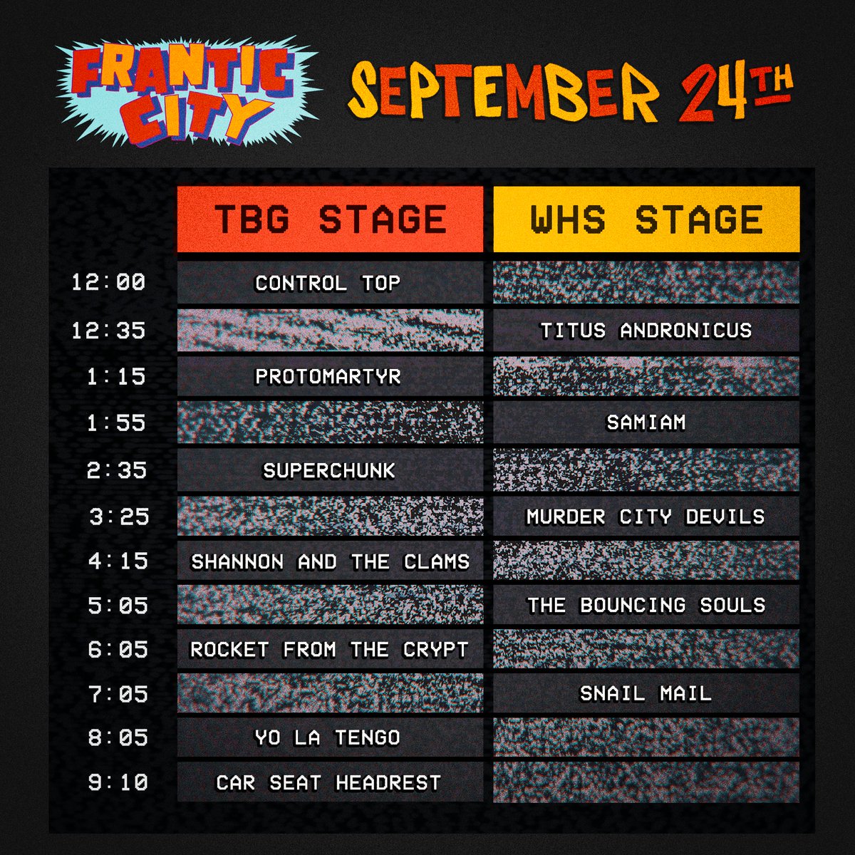 Snail Mail or Rocket From The Crypt? Why not both? No need to make any tough festival choices, there are no overlapping set times at Frantic City. 
🎟️ &amp; info: franticcitynj.com