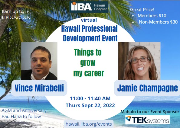 Trying to grow your career? Join Vice and Jamie as they discuss at the 9/22 virtual Hawaii Professional Development event, RSVP at ow.ly/5x5A50KGpYt