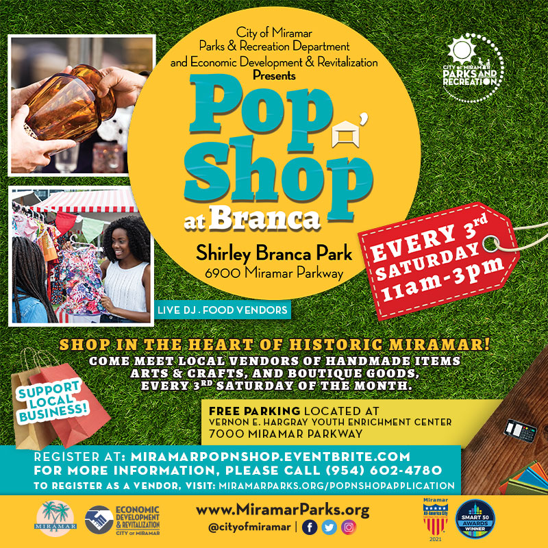 The Pop n' Shop at Shirley Branca is back this Saturday, September 17th and every 3rd Saturday of the month after!

Support local businesses! Meet local vendors of handmade items, arts and crafts, boutique goods and more.

Register for free at:
Miramarpopnshop.eventbrite.com