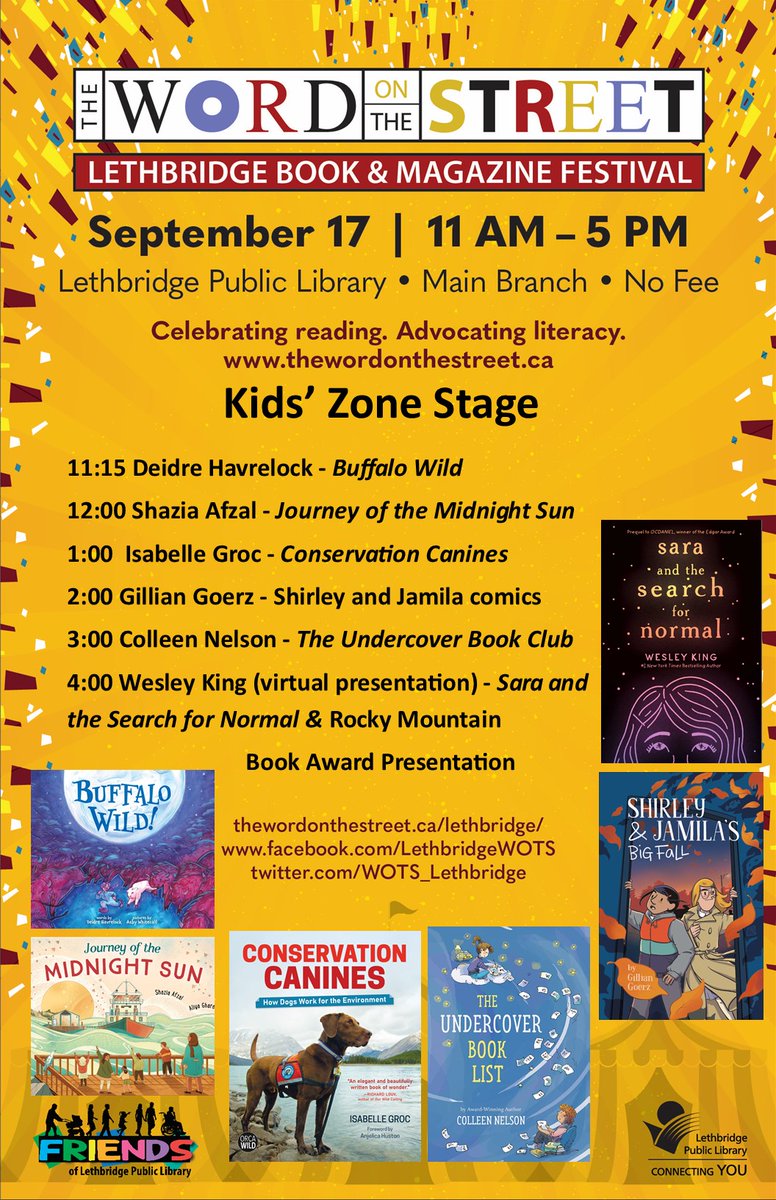 WOTS_Lethbridge's tweet photo. The Word on the Street Festival is this Saturday, Sept 17 at the Lethbridge Public Library Main Branch! Check out the scheduled line up for our awesome Kids' Zone Stage!
#WOTSyql https://t.co/IYDOstXD2V