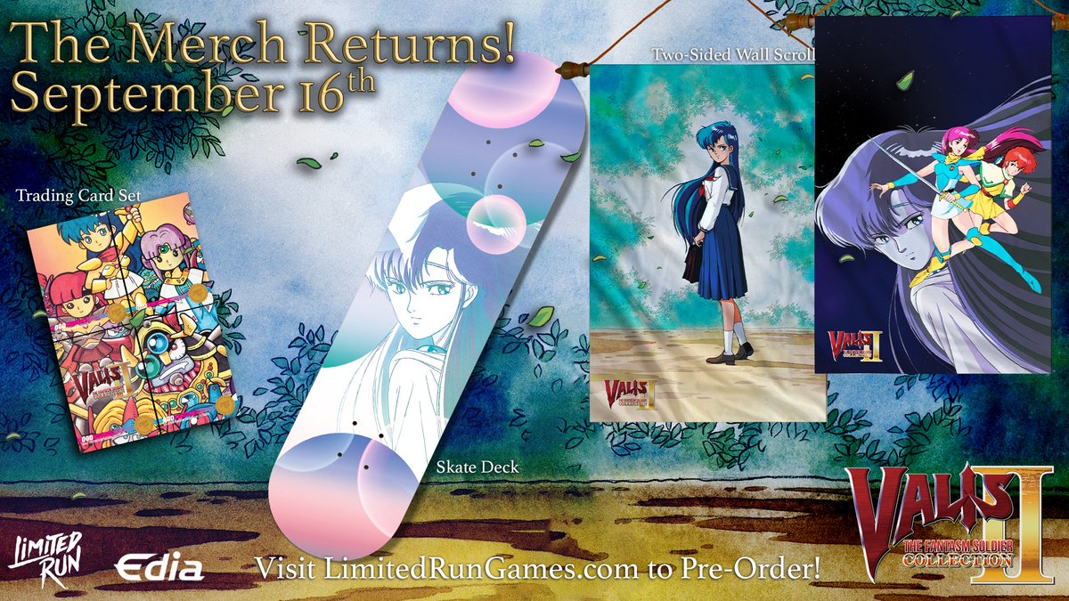 LimitedRunGames's tweet image. Yuko wields a mystical sword, and so too can you wield this magical Valis merch. 

The Fantasm Soldier Collection II Merch Line includes a skate deck, wall scroll &amp;amp; set of 4 trading cards.

Open pre-orders launch alongside the game on Friday. Learn More: bit.ly/3RYojwz