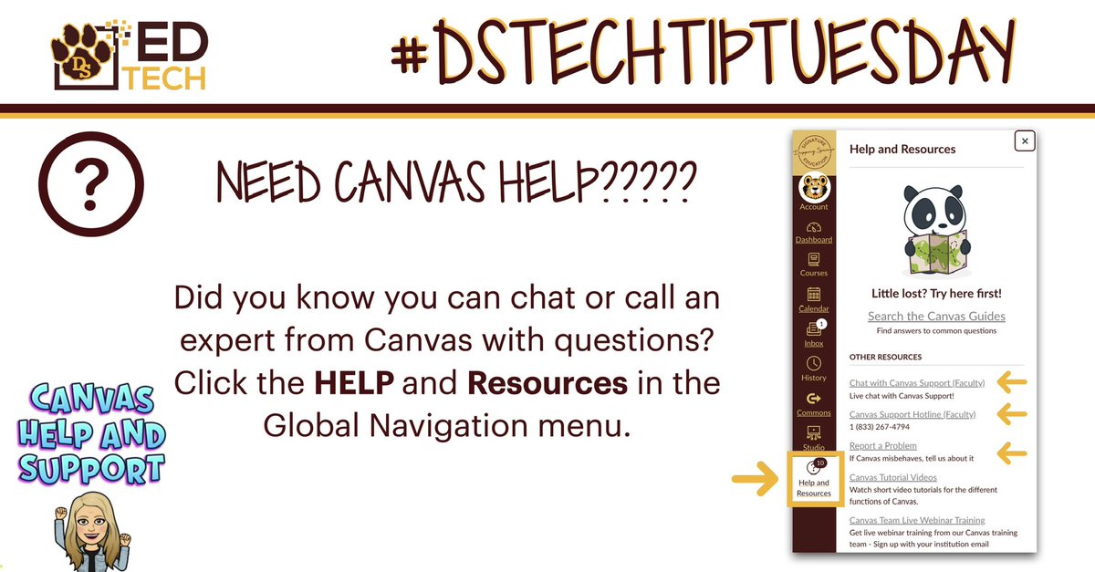 DS_EdTech's tweet photo. It’s #TechTipTuesday! Did you know that if you’re ever stuck with a problem in Canvas, you can chat 💬 or call📱 to speak with someone from Canvas to get help and support! #DSEdTech @DSISD #DSTechTipTuesday @Canvas_by_Inst https://t.co/wJJcRKX9oF