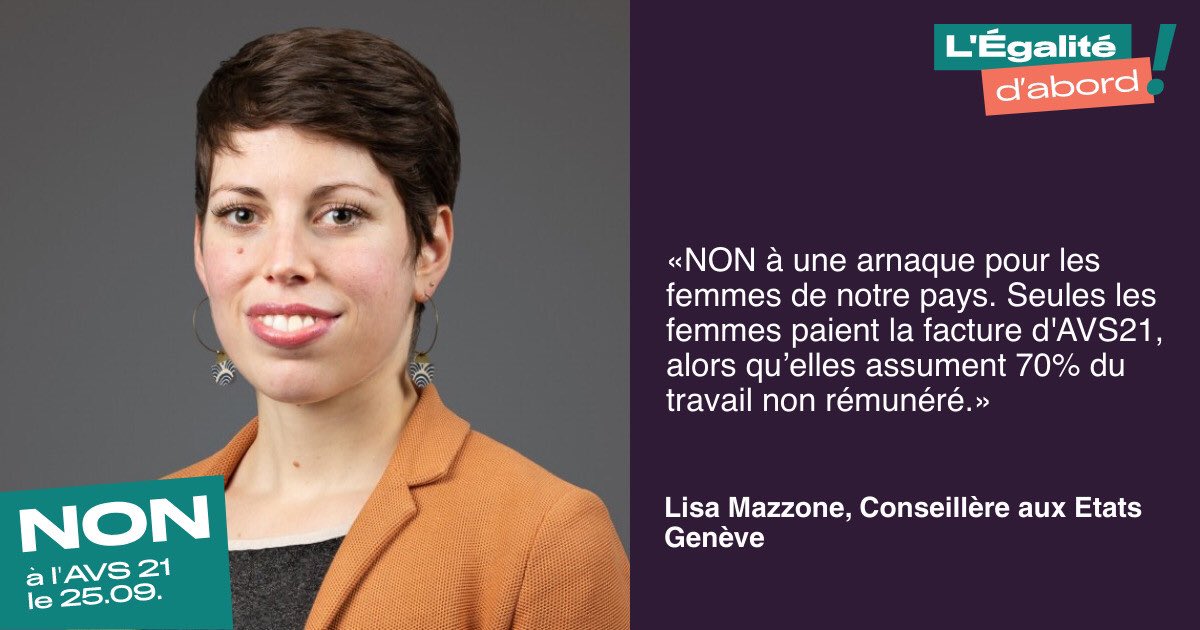 L'égalité d'abord ! Avant d'envisager une augmentation de l'âge de la retraite, il faut d'abord une véritable égalité dans le monde du travail.

👉 Toi aussi, dis non à cette réforme prématurée et injuste et soutiens-nous avec un témoignage: avs-non.ch

#avs21non