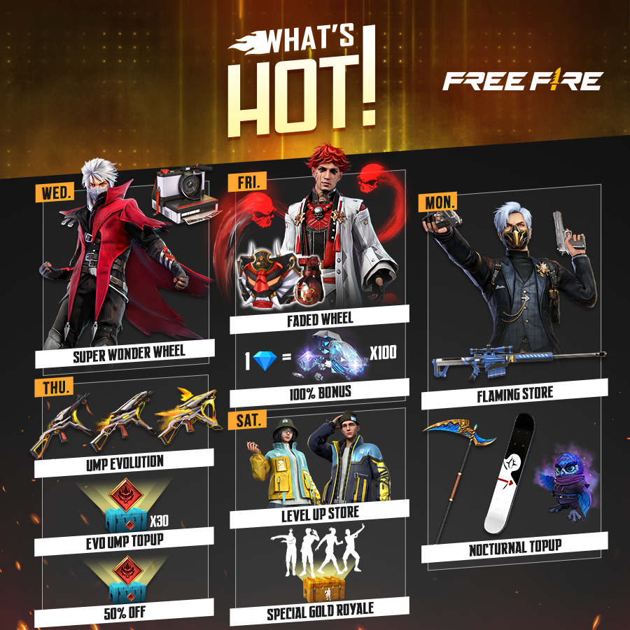 Garena Free Fire North America on X: 📕💥WEEKLY SCHEDULE TIME📕💥 Let's  kick off Booyah Day! Get the new Evo UMP, enter the Faded Wheel, a new  Diamond Royale, and get discounted bundles