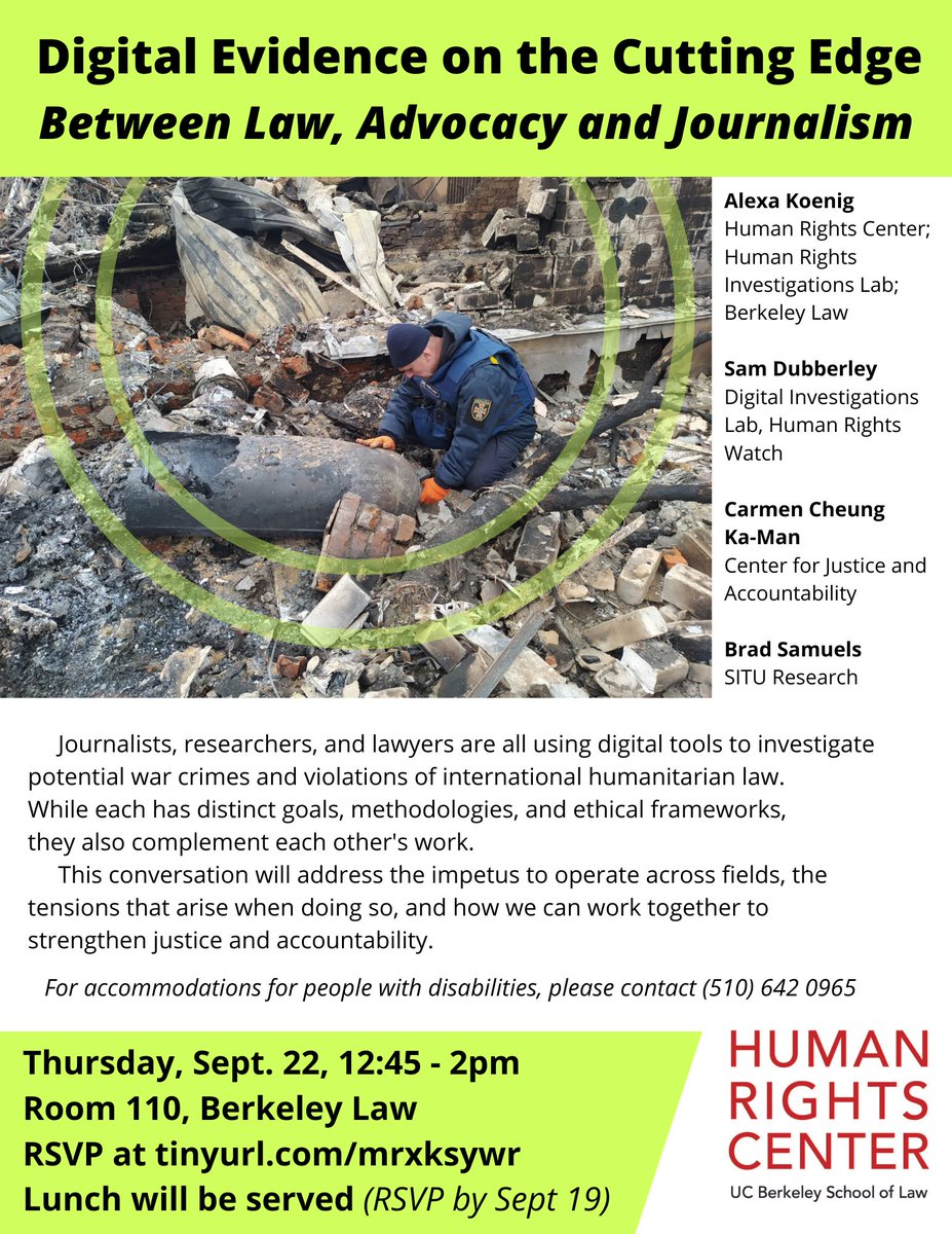 hrcberkeley's tweet photo. #RSVP: Join @hrcberkeley for an in-person panel event Sept 22. feat: HRC's @KAlexaKoenig, @hrw's @samdubberley, @CJA_News's Carmen Cheung Ka-Man &amp; @situ_research's Brad Samuels speak on the interplay of fields + players in the digital investigation space:

https://t.co/lSU1YM5gx3 https://t.co/oa9uokPWYo