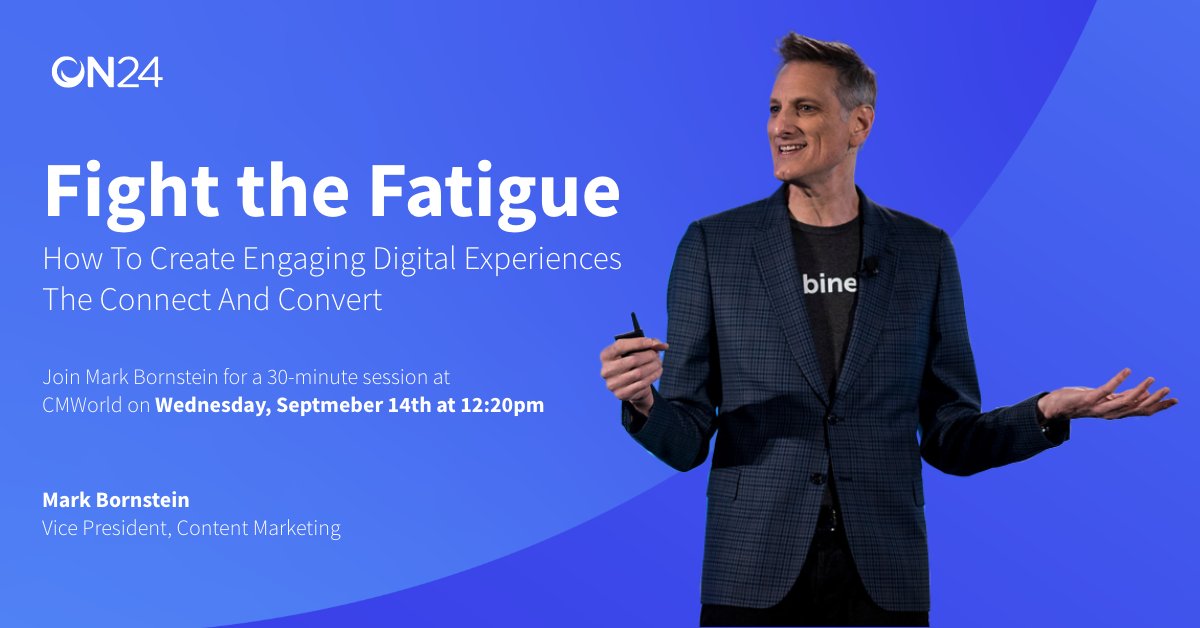 ON24's tweet photo. Get the keys to converting audience engagement during #VirtualEvents into actionable data from our Chief #Webinerd, Mark Bornstein, at #CMWorld! 🔑🔑🔑

His session will feature actionable strategies for saying sayonara to digital fatigue. 👋 https://t.co/iE5jHXvLZp https://t.co/gtMLZGgdj3