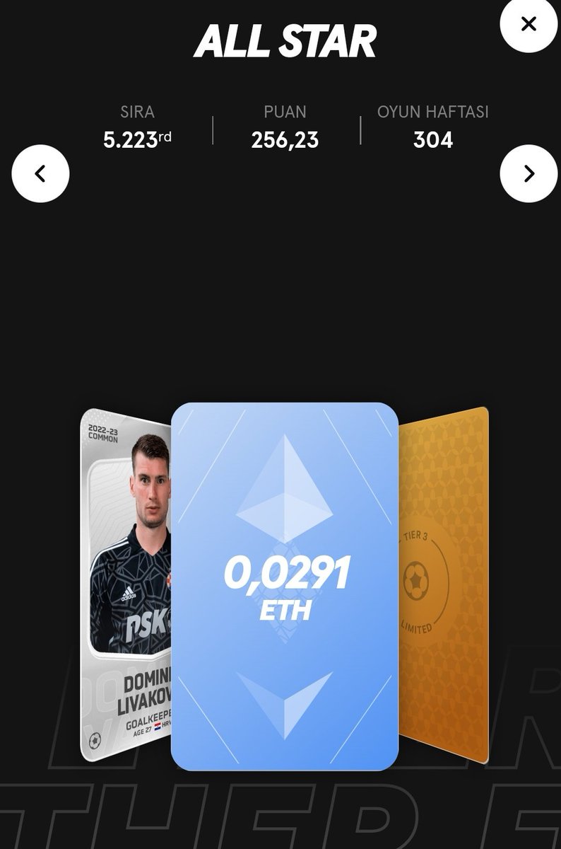 Hatayspor'un, Konyaspor deplasmanında olduğu hafta 50$ ödülü almam gerçekten sevindirdi 🥳

#Sorare #SorareTurkey #GW304