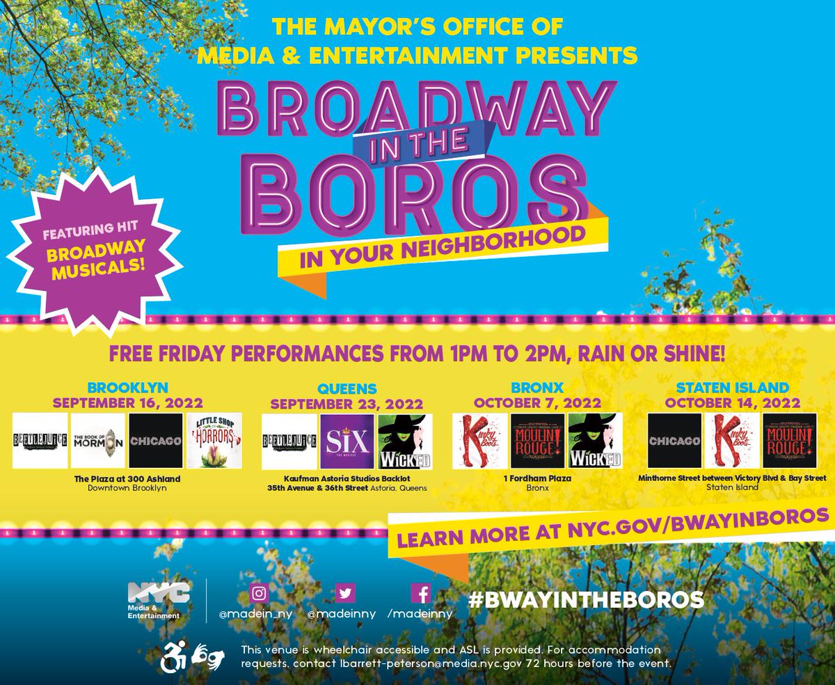 For NYC area followers - <a href="/MadeinNY/">NYC Mayor's Office of Media & Entertainment</a> presents #BwayInTheBoros in your neighborhood 9/16-10/14. 
Free, live performances by <a href="/BeetlejuiceBway/">Beetlejuice on Broadway</a> <a href="/ChicagoMusical/">Chicago The Musical</a> <a href="/BookofMormon/">THE BOOK OF MORMON</a> <a href="/littleshopnyc/">Little Shop of Horrors</a> <a href="/WICKED_Musical/">Wicked the Musical</a> <a href="/sixthemusical/">SIX 👑</a> <a href="/MoulinRougeBway/">Moulin Rouge The Musical - Broadway</a> &amp; <a href="/KinkyBootsBway/">Kinky Boots the Musical</a>!
nyc.gov/BwayinBoros 🎭