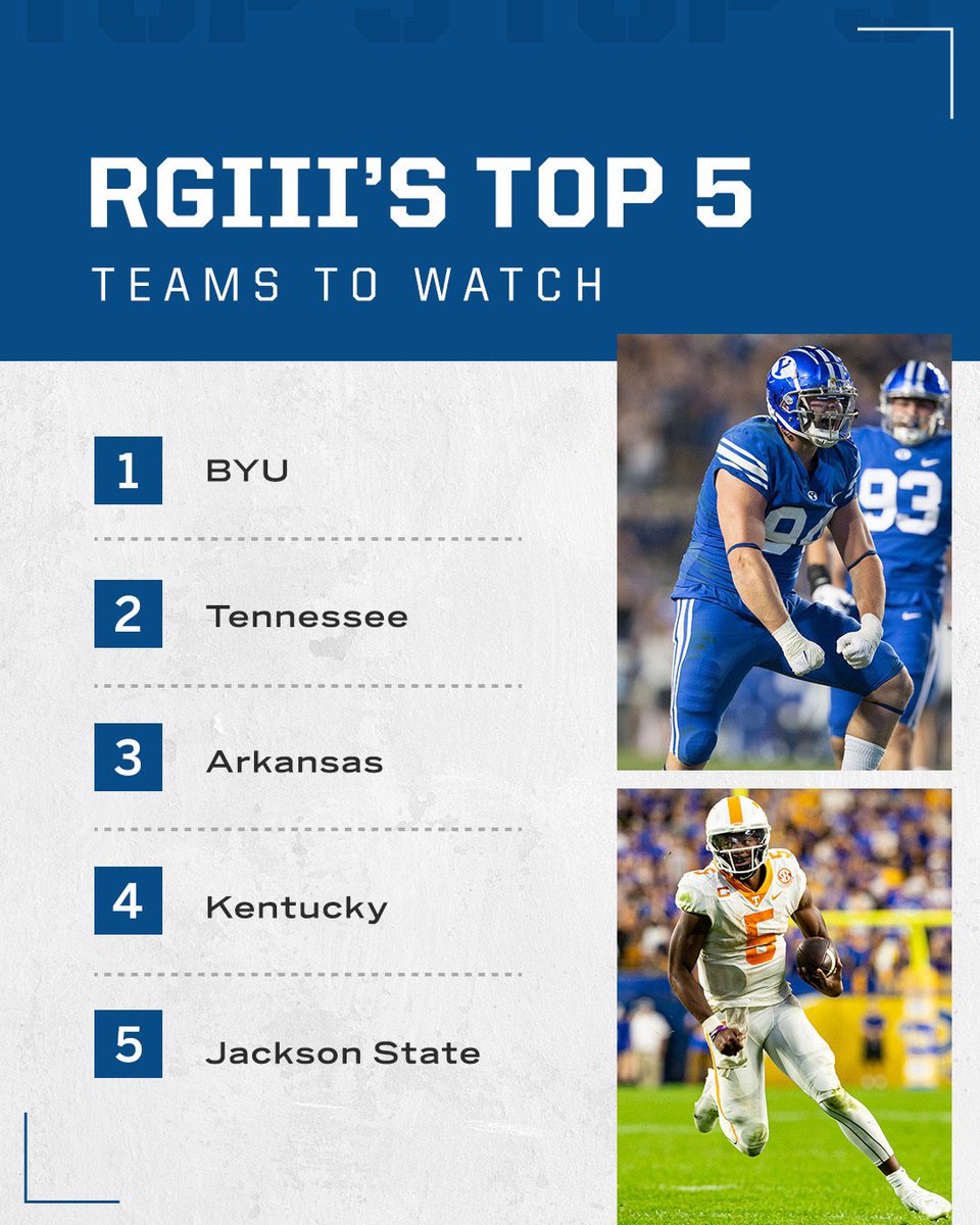 My Top 5 Teams to Watch 
1- <a href="/BYUfootball/">BYU FOOTBALL</a> 
2- <a href="/Vol_Football/">Tennessee Football</a> 
3- <a href="/RazorbackFB/">Arkansas Razorback Football</a> 
4- <a href="/UKFootball/">Kentucky Football</a> 
5- @GoJSUTigersFB