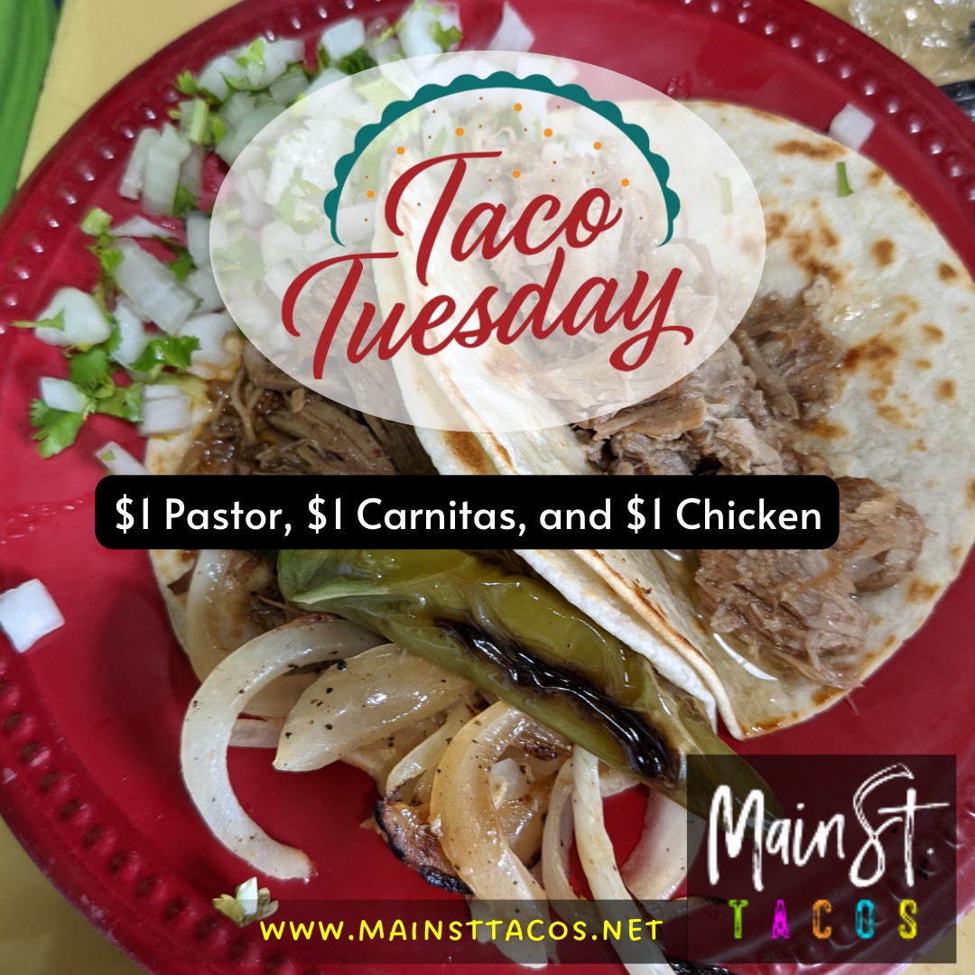 Main_St_Tacos's tweet photo. Taco Tuesday is in full swing!! $1 for Pastor, Carnitas, and Chicken tacos!! Join us or order your favorites online at https://t.co/4ssECX1nvK
.
.
#tacotuesday #tacos #tacosnearme #streettacos #tacolover #mexicanfoodnearme #mansfieldtx https://t.co/nY0GfpeKGu