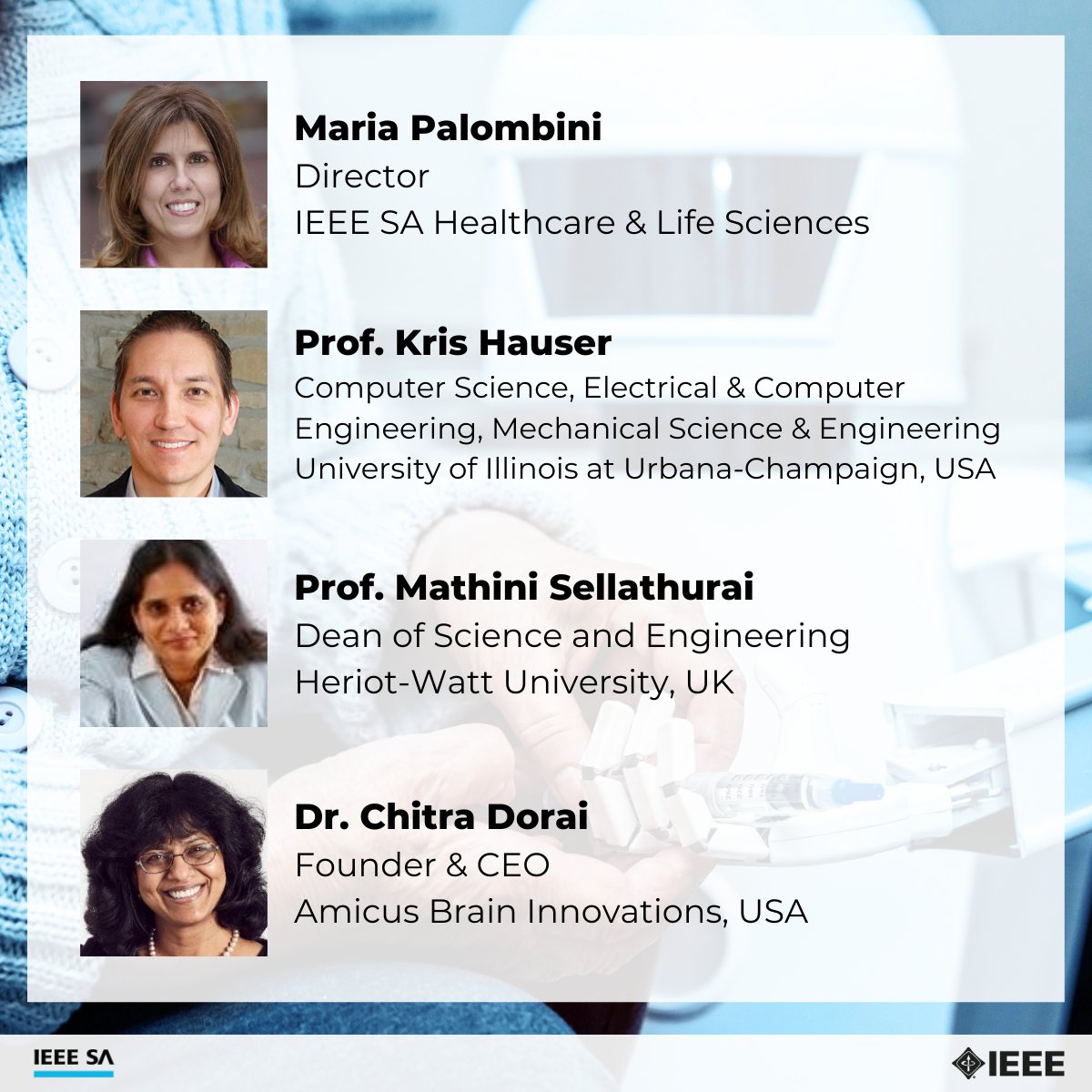 IEEESA's tweet photo. TOMORROW: Where can open and consensus-built technical and data standards, enhanced policy guidance, and overall education and awareness help drive trust in the adoption of our new robotic caregivers and supporters?

https://t.co/1AytAEqrTo

@ieee_industry https://t.co/ejlWtUVKLN