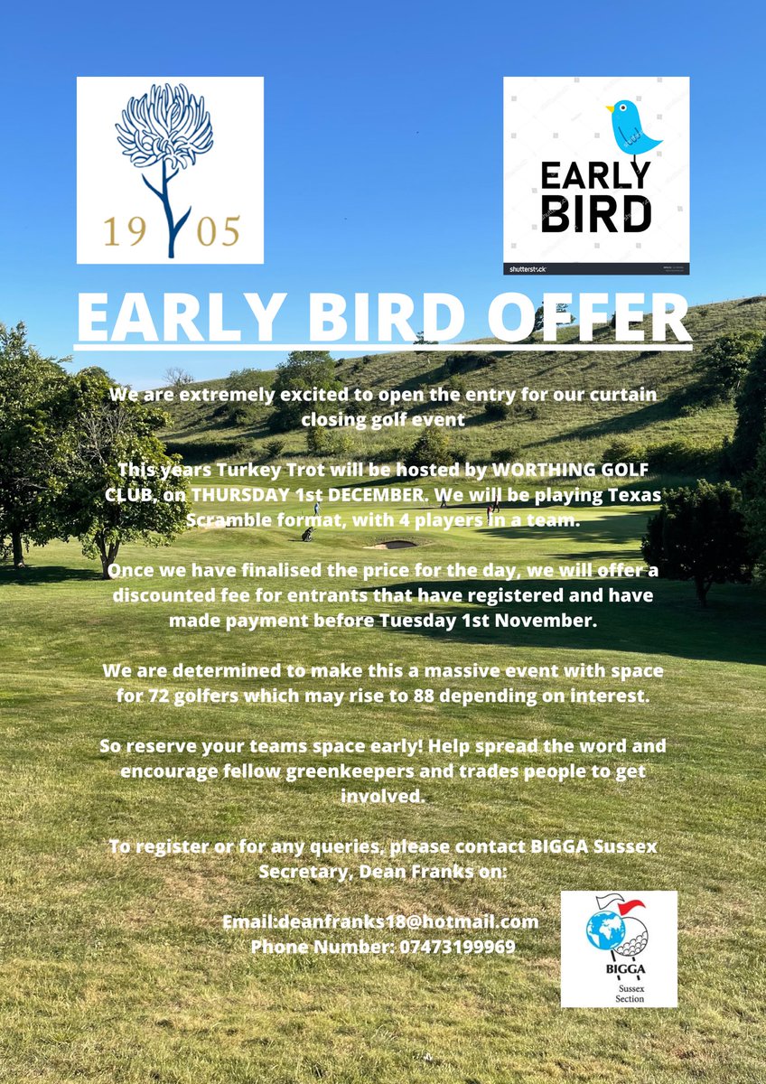 We at BIGGA Sussex are thrilled to announce our last golfing event of the season.

We need your help to raise awareness to this event. So please, like and retweet and spread the word for this event. We would really appreciate it.

@worthinggolfclub @bigga_hq #golf #turkeytrot