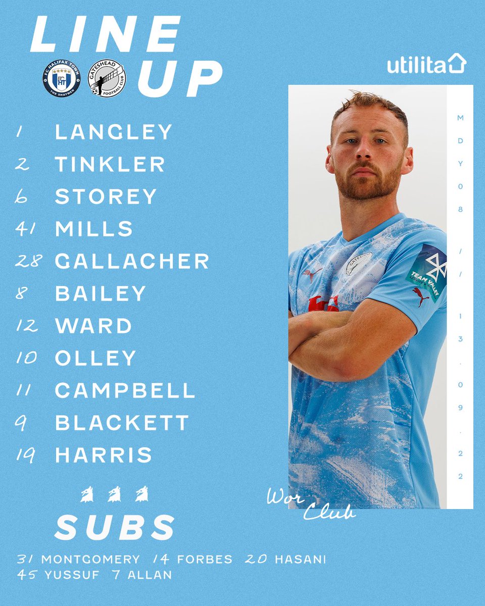 GatesheadFC's tweet photo. ▪️ Storey partners Mills in central defence
▪️ Midfield and front three unchanged
▪️ Yussuf makes the bench for the first time

Our line up at @FCHTOnline 👊

#WorClub ⚪️⚫️ https://t.co/U7Vm6XhwrR