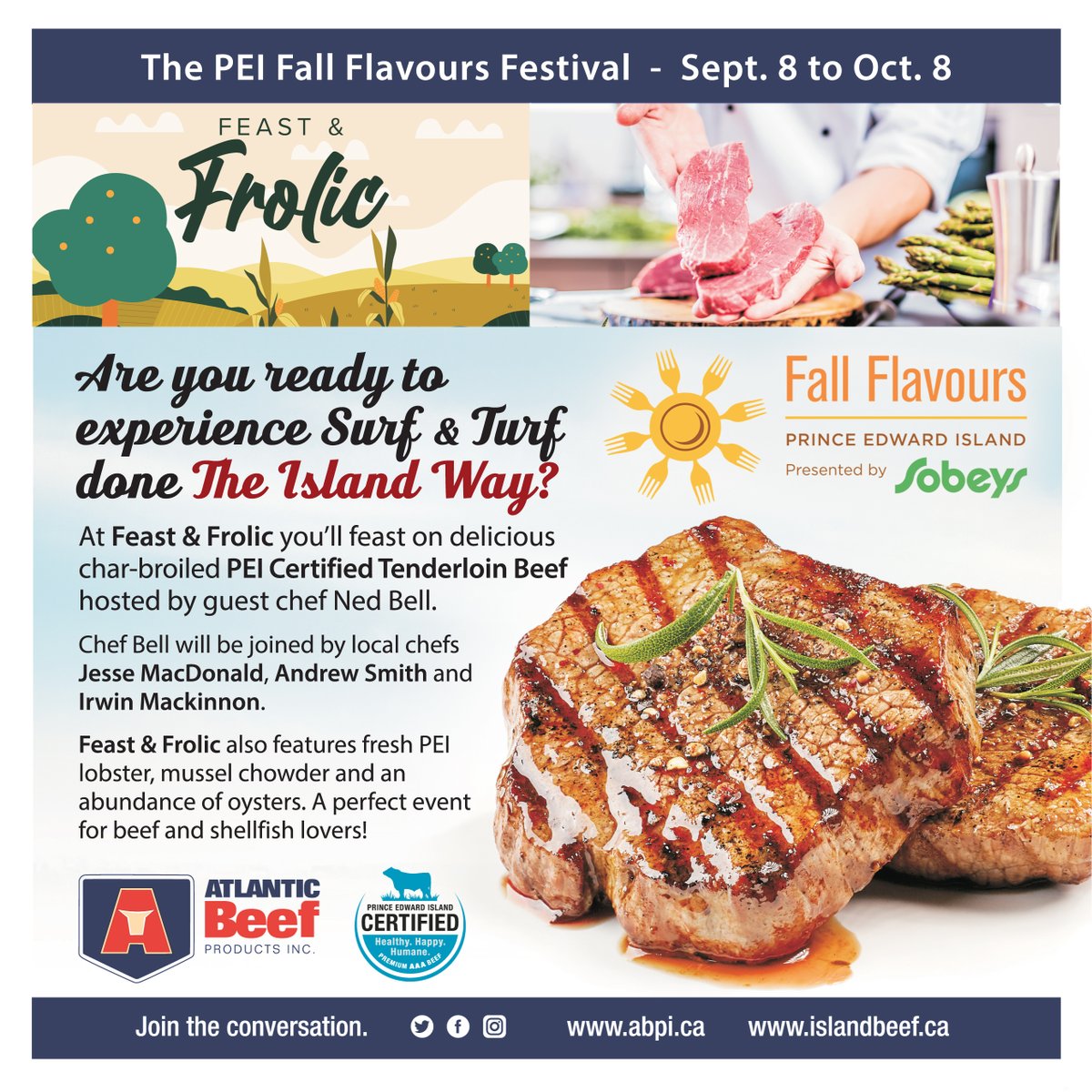 IslandBeef's tweet photo. Hey #BeefBuds and #Seafoodies!
How about some delicious #LocalBeef and #PEIShellfish done The Island Way?
Meet celebrity and local chefs as you feast on some true #PEI Surf & Turf.
https://t.co/zi3Qbp5vAB
#PEIBeef #IslandBeef #SustainableBeef #SafeBeef #FeastandFrolic https://t.co/zZZxMjIzKz