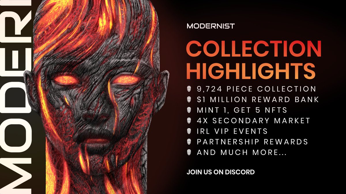 Why join #Modernist #NFT?

Outside of the outstanding community we've gathered over the previous weeks, you also receive:

1️⃣Access to $1 Million Reward Bank
2️⃣1 Minted NFT becomes 5 (Airdropped from Modernist)
3️⃣IRL VIP Events
4️⃣And More...

Join Now!
discord.gg/modernistnft