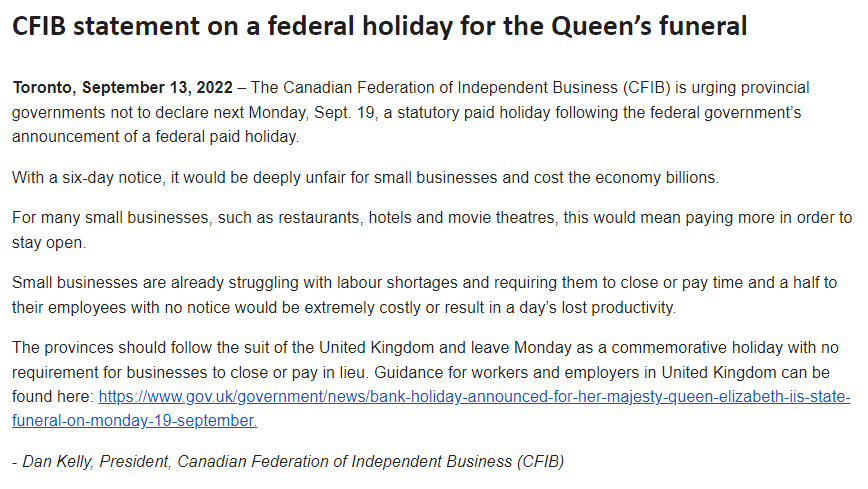 MikeCrawleyCBC's tweet photo. The Canadian Federation of Independent Business is asking provinces *not* to declare a statutory holiday for Queen Elizabeth's funeral. "It would be deeply unfair for small businesses and cost the economy billions," says @cfib president Dan Kelly. https://t.co/Grsrklzh3Z