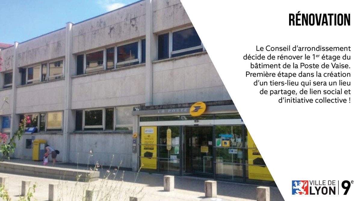 Mairie9Lyon's tweet photo. Le #CALyon9 décide de rénover le 1er étage du bâtiment de la Poste de Vaise. Première étape dans la création d'un tiers-lieu qui sera un lieu de partage, de lien social et d'initiative collective ! https://t.co/OkWaTxtV5R
