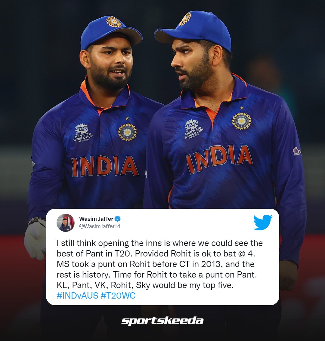 Sportskeeda's tweet photo. 🔹 Pant - open
🔸 Rohit - No. 4

Do you agree? 🤔

#India #TeamIndia #T20WorldCup #CricketTwitter https://t.co/16pBt38GGB