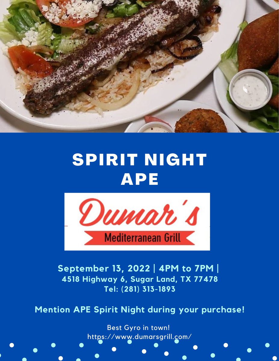Spirit Nights are back!!!!
Today!  4-7pm: please support our school and get dinner for the family. Mention APE Spirit Night!

Thank you for your support!

Dumarsgrill.com