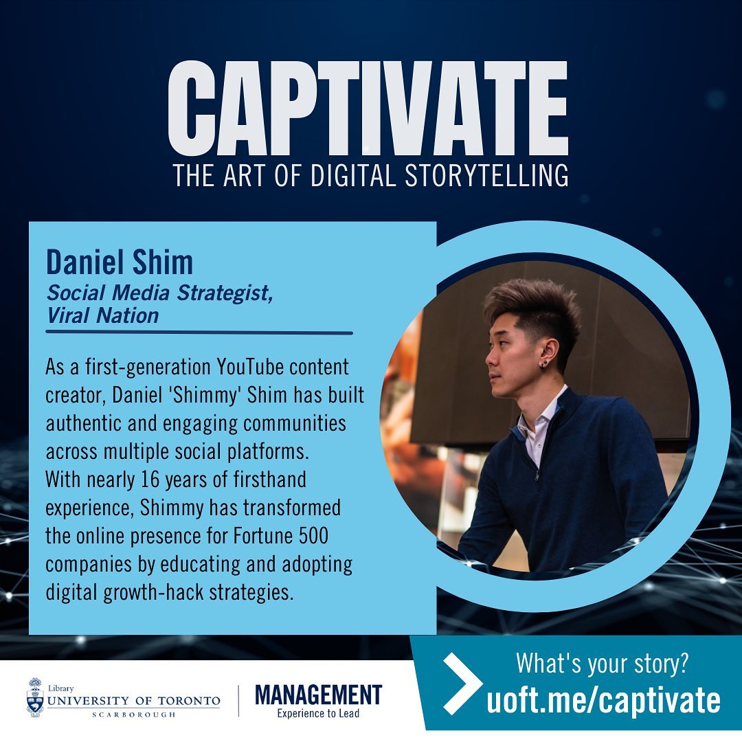 Honoured and super stoked to be a guest lecturer for University of Toronto's Captivate: The Art of Digital Storytelling event.

It all started with making dancing and silly YouTube videos over 16 years ago. 

Thank you all for the continued love and support! 🥰