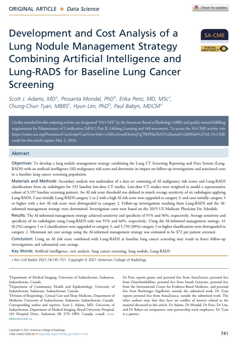 2021 paper by Drs. Adams, Babyn & colleagues evaluated impact of #AI informed management on #chest nodule assessment using #lung-RADS on a public CT dataset.  #AI strategy had higher specificity & cost savings from downgrading of category 3 lesions. #radiology #radiologyresearch